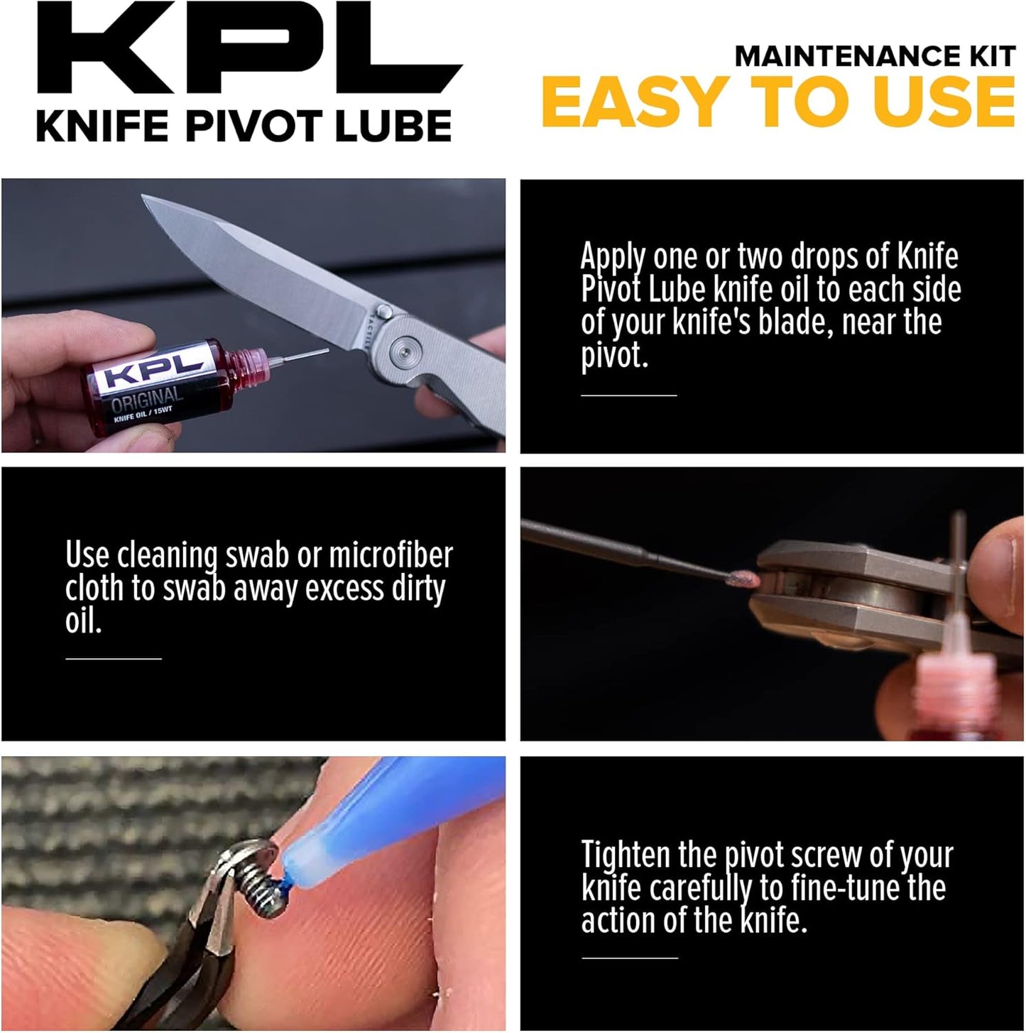 KNIFE PIVOT LUBE KPL Original Knife Care & Maintenance Kit Bundle for Blades Knife Pivot Lube Heavy,Pocket Knife Lubricant, Knife Honing Oil Knife Oil Lubricant for Blade Care, 10ml Oil Bottle