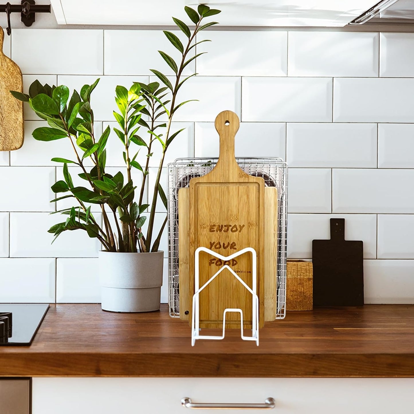 SUNFICON Cutting Board Rack Chopping Board Organizer Pot Pan Lids Holder Thin Bakeware Baking Tray Drying Display Stand Kitchen Countertop Cupboards Cabinet Office Sturdy Metal 4.92x5.7x8.47 in.White