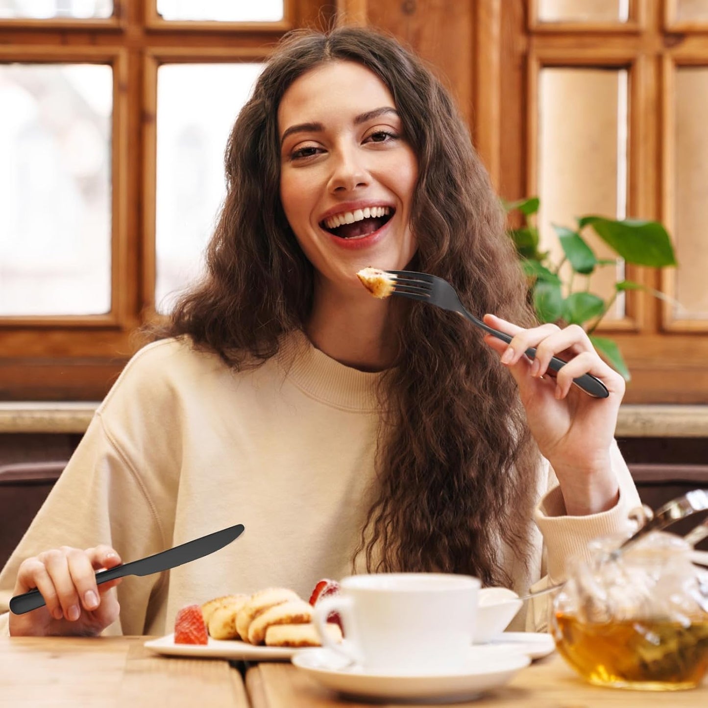 Nuenen 100 Pieces Stainless Steel forks and knives Dinner Flatware Set Tableware Cutlery for Butter Kitchen Restaurant, Dishwasher Safe(Black,8.4 Inches, 7.1 Inches)