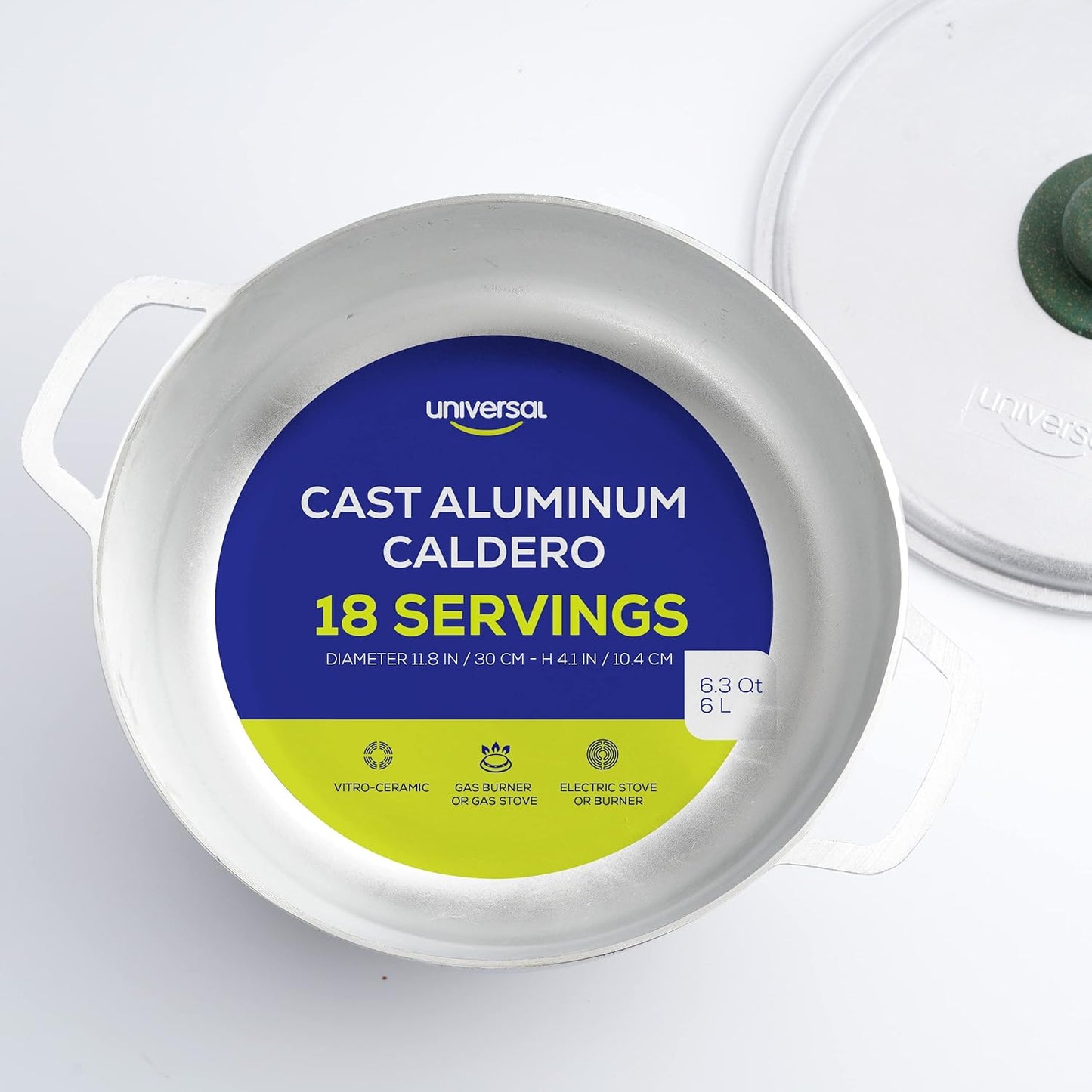 Universal (Medium Size) Caldero 18 Cups - 6.3 QT / 6 L, Stainless Aluminum Pot, Even Heat Distribution and Fast Cooking Dutch Oven Pot, Ergonomic Handles, Ideal for Rice, French Fries, and More