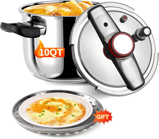 Pressure Cooker 10 QT, Stainess Steel Pressure Canner 10 Quart, Explosion-Proof Cookware, Rotating Lock/Unlock Lid, One-handed lid opening, Thickened Silicone Ring And Anti-scald Handle, Silver