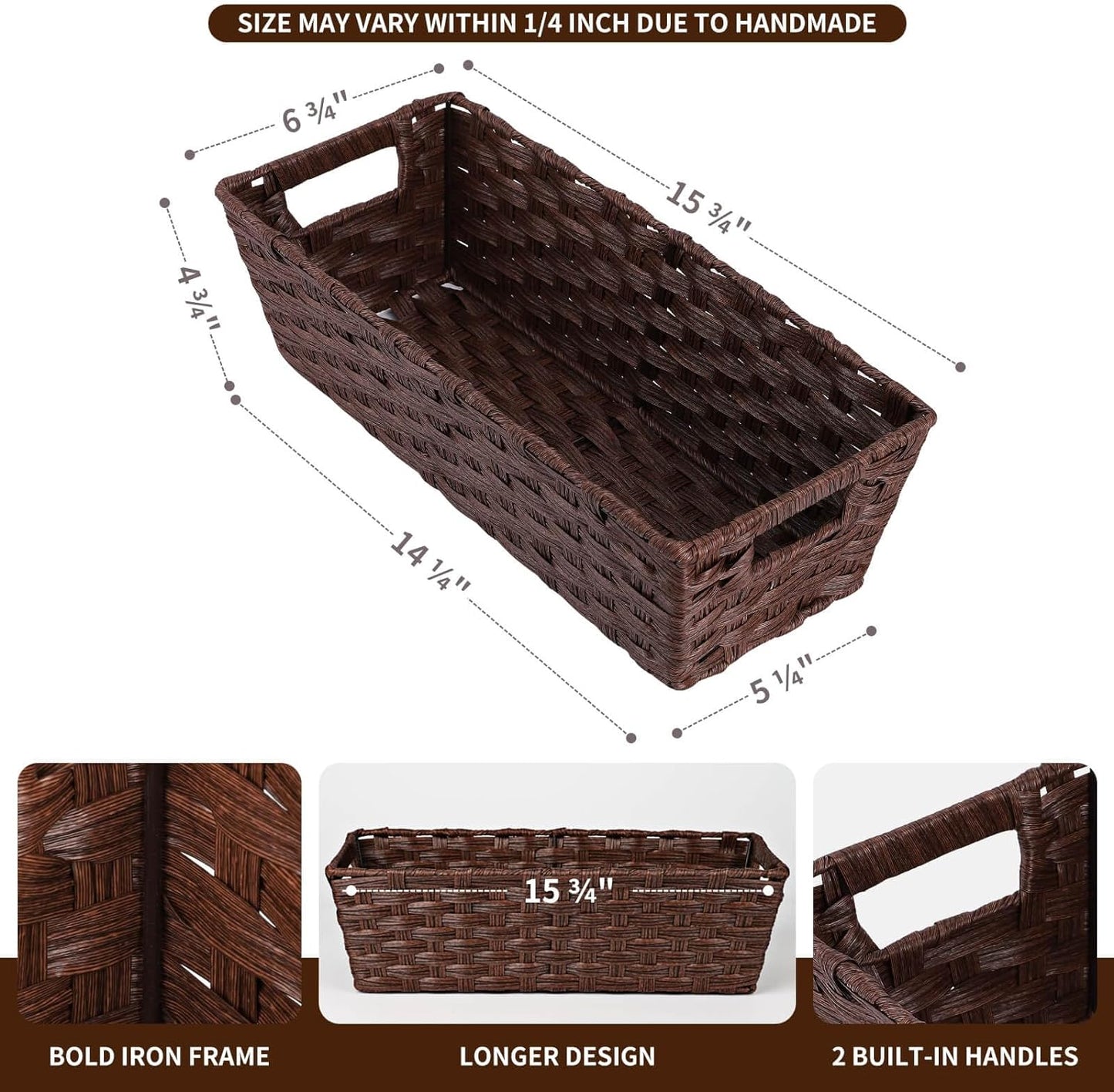 Plastic Wicker Storage Baskets - Toilet Tank & Bathroom Baskets, Woven for Organizing, Brown, 15¾" x 6¾" x 4¾", 2-Pack