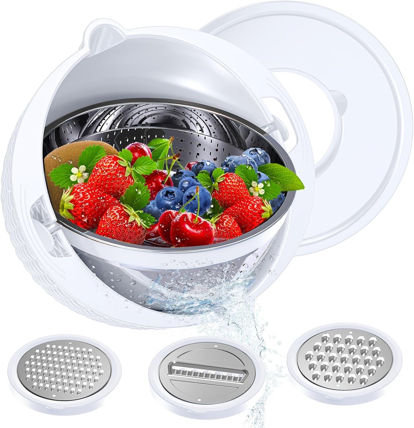 4-1 Colander with Bowl Set - Colander for Kitchen - Strainers and Colanders - Pasta Strainer - Fun Kitchen Presents - Rice Strainer Fruit Cleaner Veggie Wash Cooking Presents, White