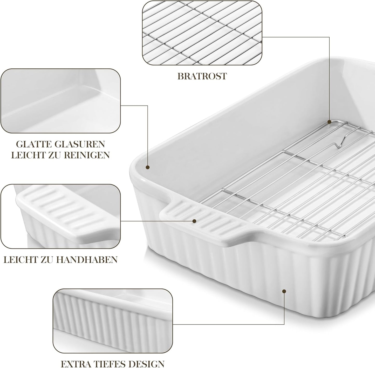 MALACASA 4.4 QT Baking Dish with Rack, 9x13 Large Casserole Dish for Oven, Ceramic Baking Pan with Rack, Rectangular Lasagna Pan Deep with Handles for Baking, Durable Microwave Oven Safe, White