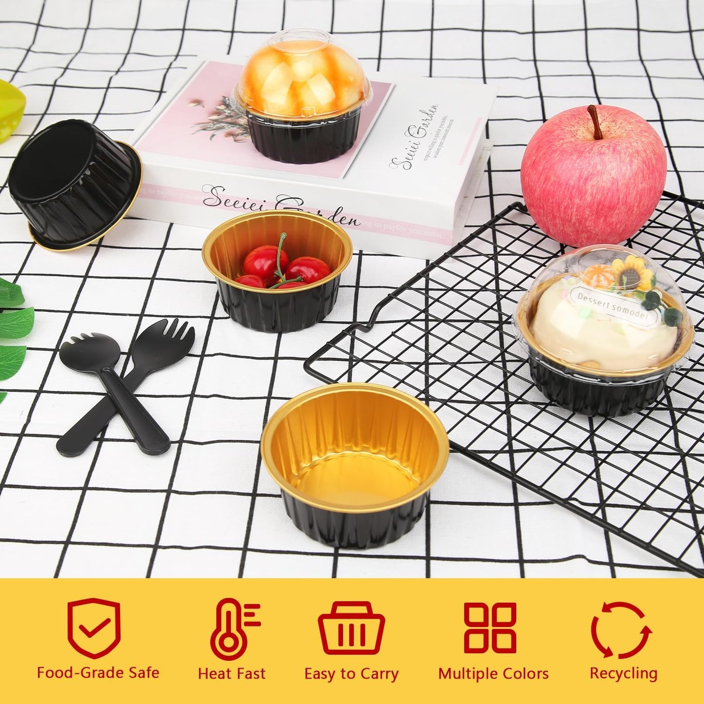 LNYZQUS 5oz Mini Cake Baking Pans with Lids 100 Pack, Disposable Mini Aluminum Cupcake Pan Muffin Cups, Small Cake Baking Cups Muffin Tin Cupcake Liners Containers for Custard Creme Brulee-Black