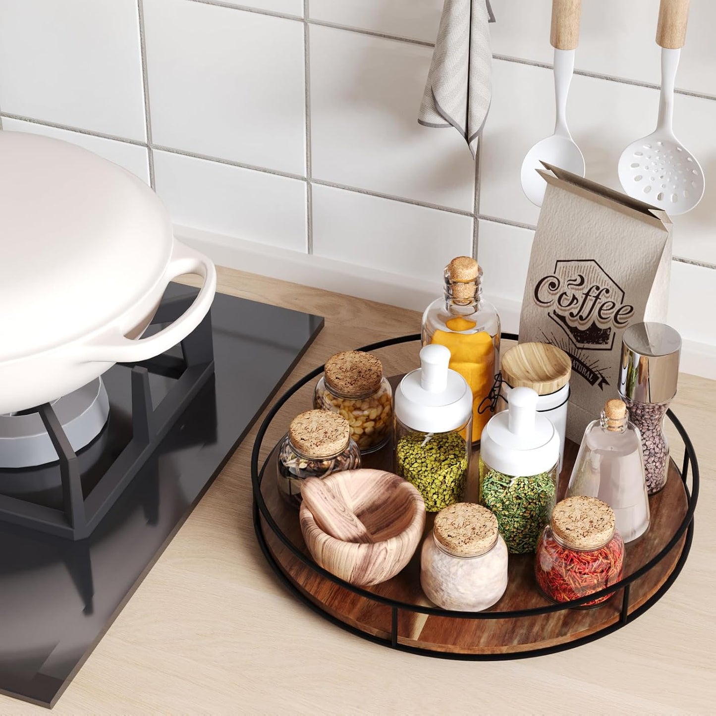 13 Inch Lazy Susan Organizer with Steel Frame for Kitchen,Acacia Wood Turntable for Cabinet,Pantry,Table,Pantry,Countertop,Refrigerator,Spice Rack