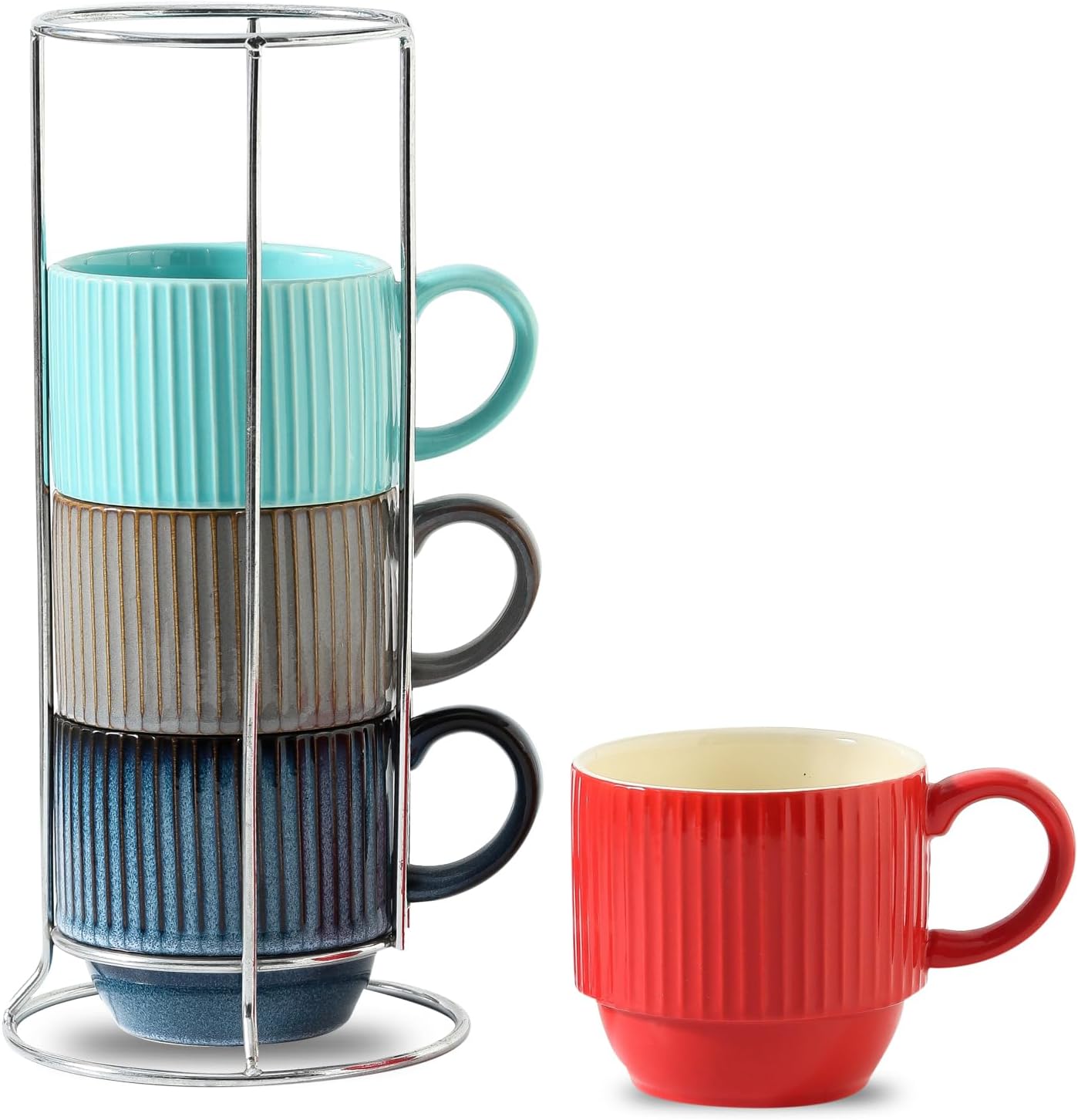 Hasense Coffee Mug Set of 4 with Holder - 12 oz Stackable Large Ceramic Ribbed Latte Cup Set for Cappuccino, Tea, Hot Cocoa, Drinks - Dishwasher & Microwave Safe Multi color