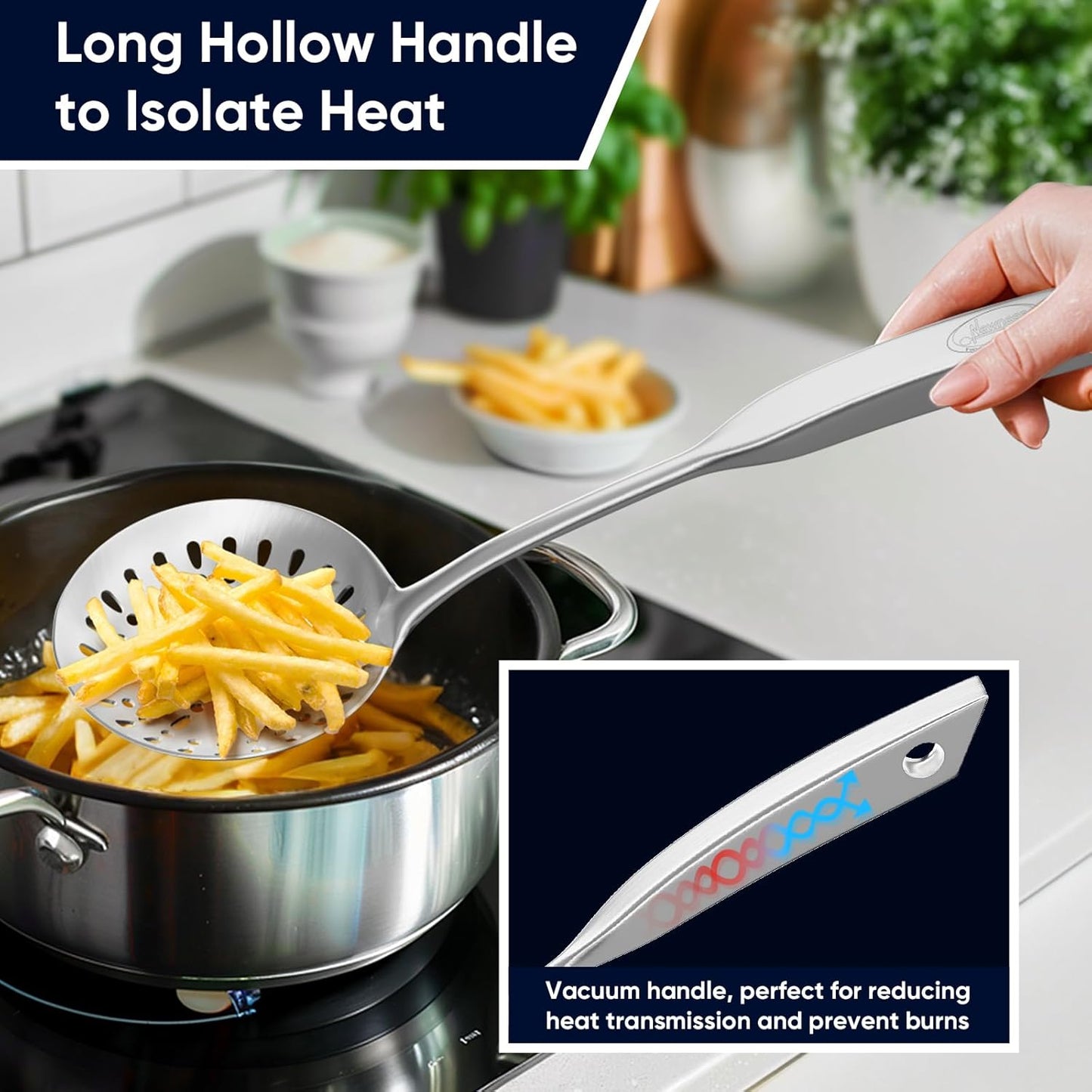 Skimmer Slotted Spoon, [Rustproof, Integral Forming, Durable] Newness 304 Stainless Steel Slotted Spoon with Vacuum Ergonomic Handle, Comfortable Grip Design Strainer Ladle for Kitchen, 14.96 Inches