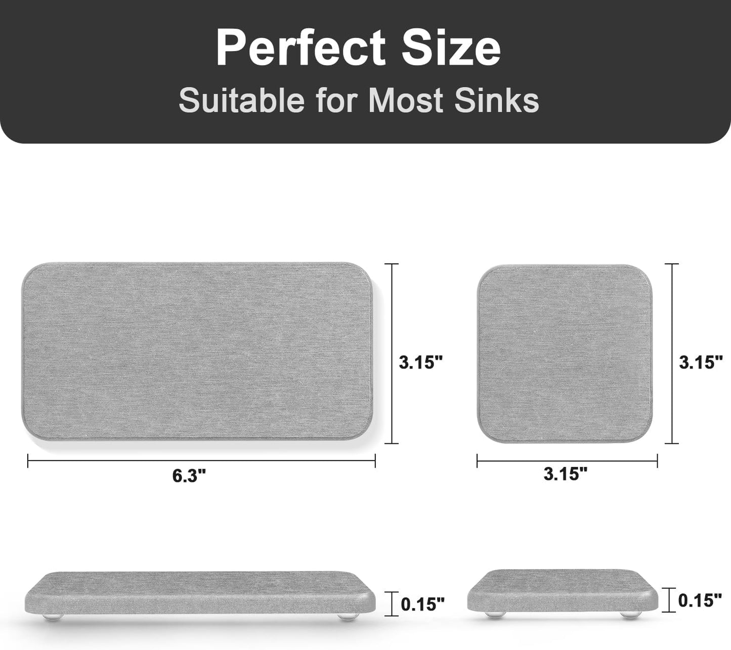 Water Absorbing Stone Tray for Sink | Quick Drying Diatomaceous Earth Coasters | Soap Dish Holder & Toothbrush Holder for Bathroom Counter | Hand Soap & Plant & Toiletries | Grey 4-Pack