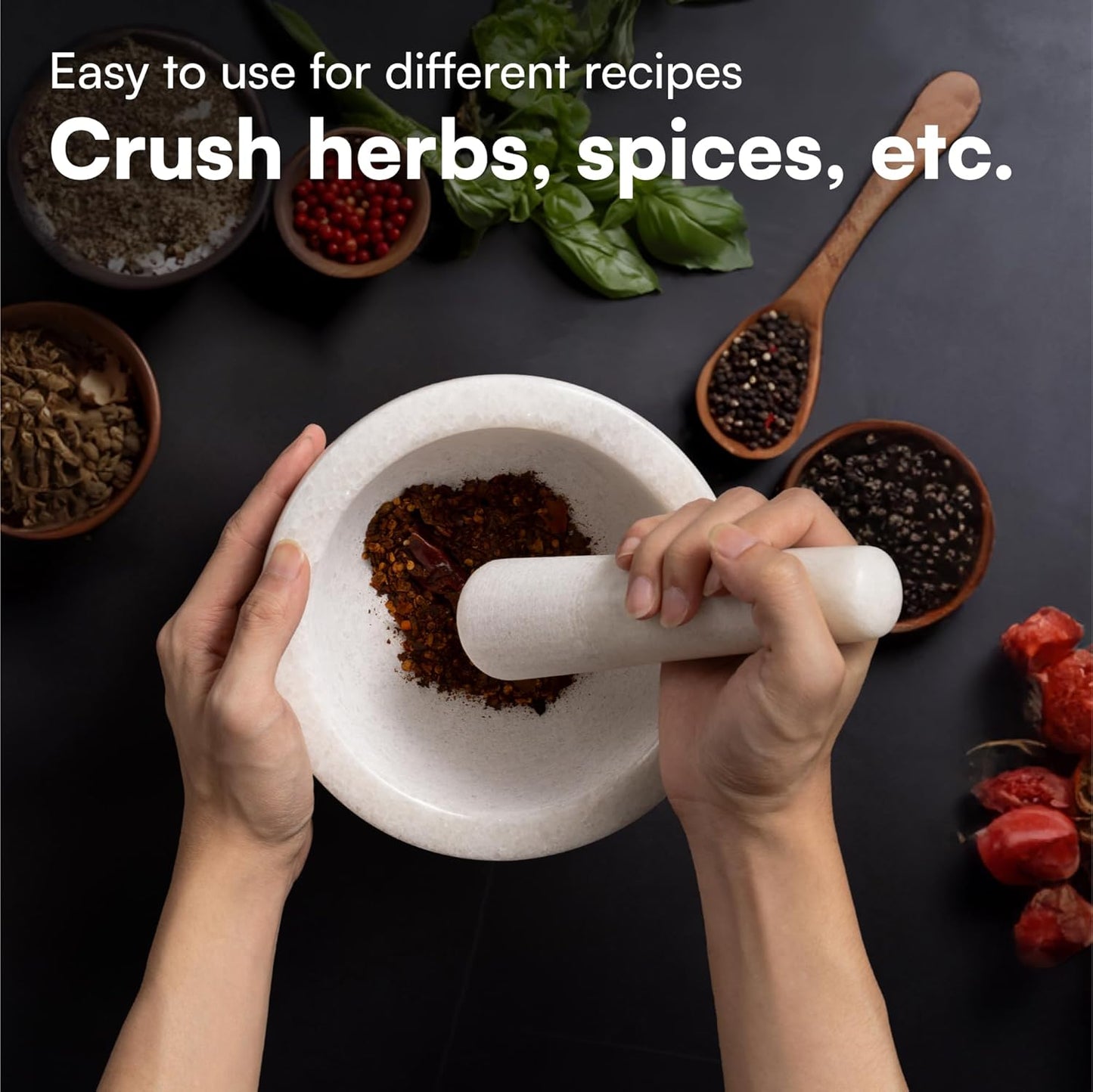 H&S Alliance Mortar and Pestle Set - Premium Stone Pestle and Mortar Bowl & Grinder - Spice Herb Crusher Pesto Guacamole Maker for Kitchen - 7.1" (18cm) Diameter - White Marble