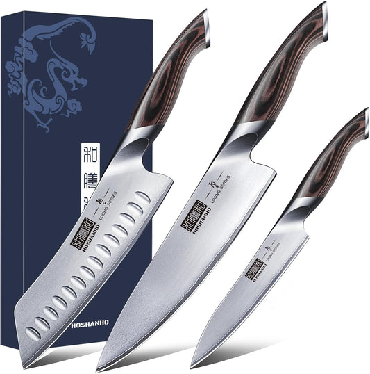 3 Pieces Knife Set, Professional Japanese High Carbon Stainless Steel Kitchen Knife Set, Ultra Sharp Chef Knives Sets with Ergonomic Pakkawood Handle