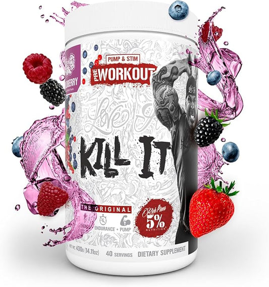 5% Nutrition Rich Piana Kill It Pre Workout Powder w/Creatine, Caffeine, Beta Alanine, Hydroprime Glycerol for Pump, Strength, Endurance | 14.11 oz, 40 Srvgs (Wildberry)