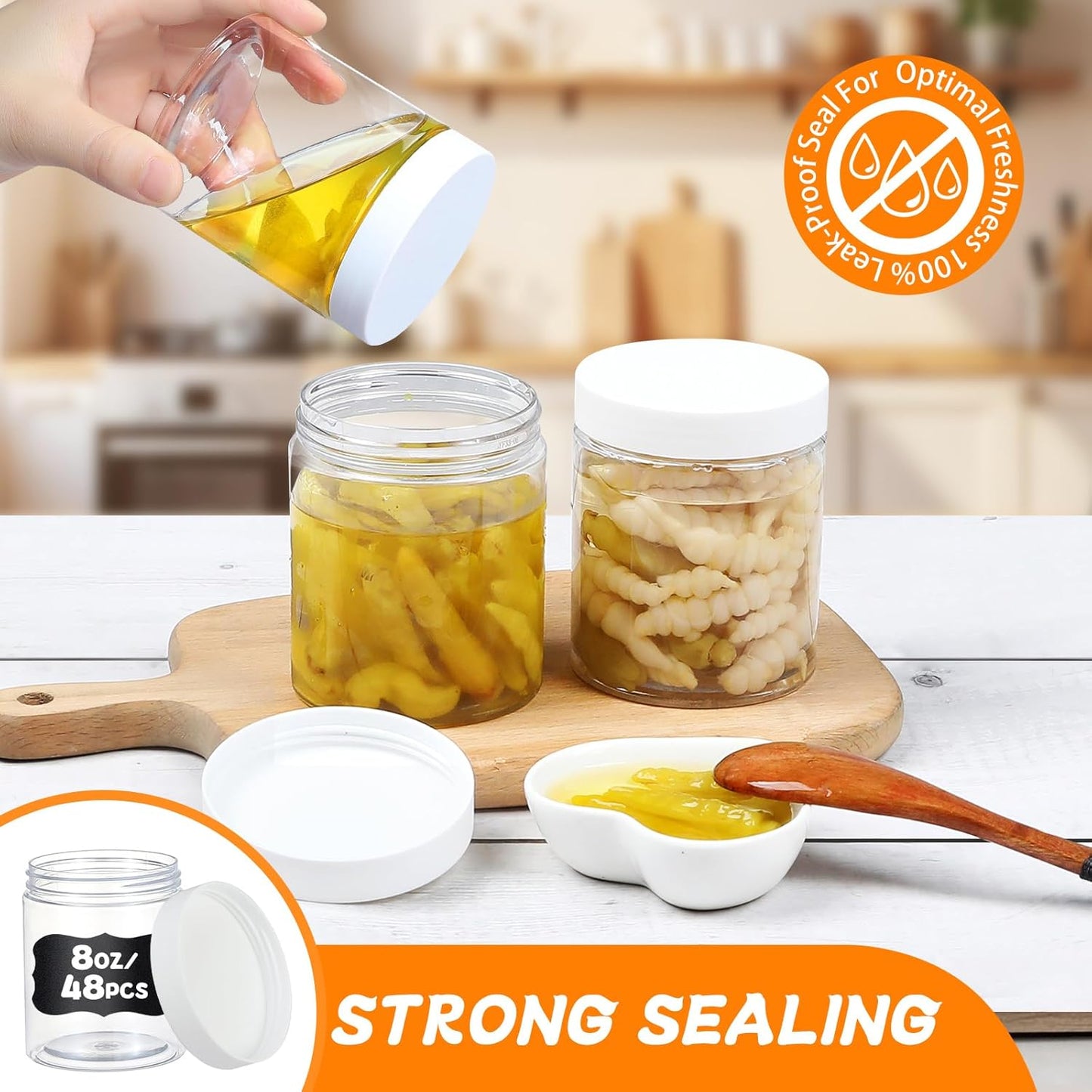 48pcs 8 oz Plastic Containers with Lids Labels Leak Proof BPA Free Airtight Refillable Clear Small Containers Storage Jars for Storing Dry Food Slime Honey Jam,white