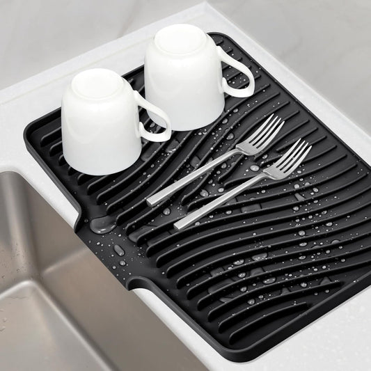 Silicone Dish Drying Mat, Stone Drying Mat for Kitchen Counter with Built-In Drain, Non-Slip Drain Pad with Built-in Drain, Heat Resistant Stone Drying Mat, 1Pcs 19.7" x 17", Black