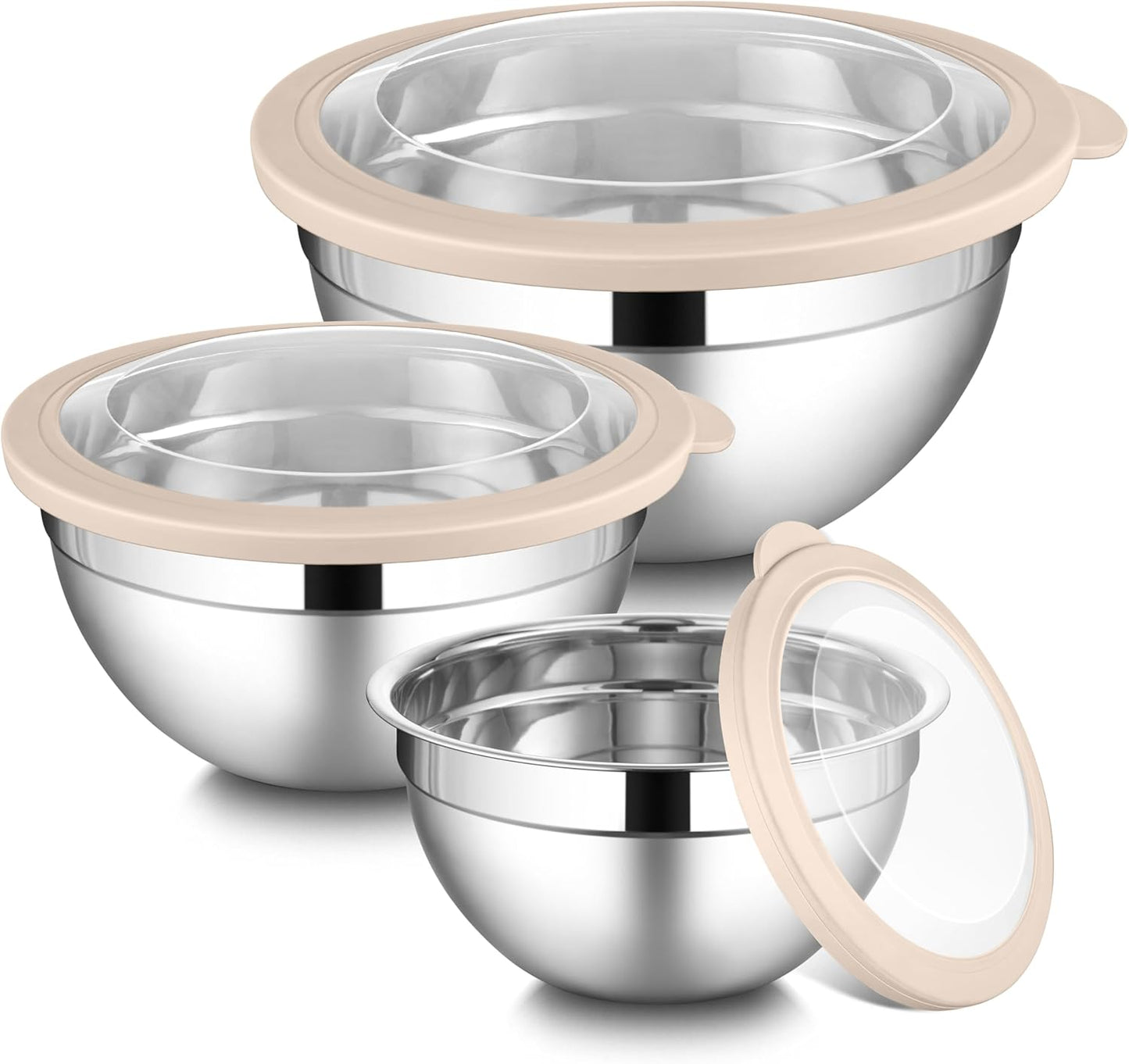 LIANYU Mixing Bowls with Visible Airtight Lids, 3Pcs Stainless Steel Large Metal Nesting Kitchen Bowls Set, 4.6 & 3 & 1.5QT Size Ideal for Mixing, Baking, Serving, Dishwasher & Freezer Safe, Khaki