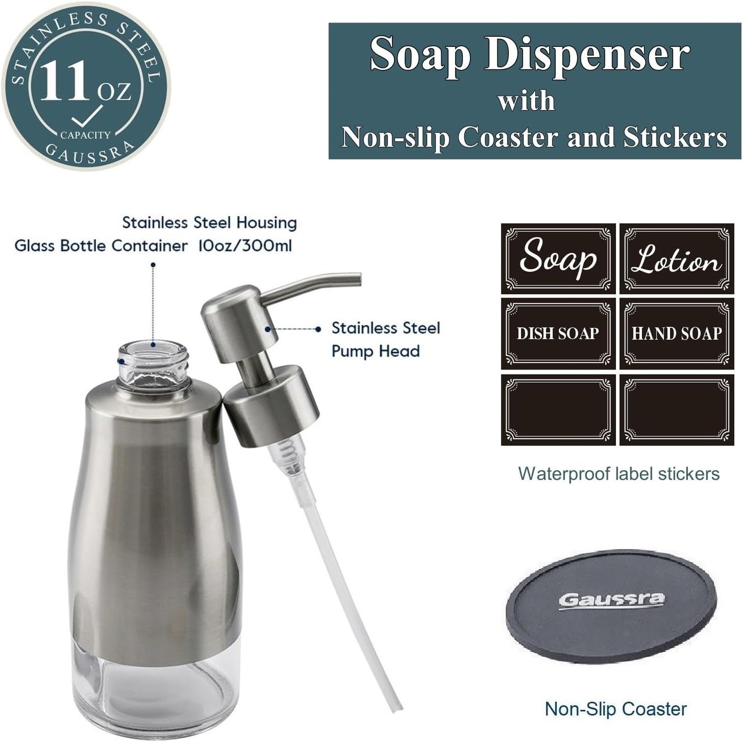 Soap Dispenser with Coaster and Stickers, Brushed Nickel Stainless Steel Case Glass Liner Hand Pump Dispenser, Refillable Liquid Hand Soap Dispenser for Bathroom & Kitchen (11OZ / 320ML)