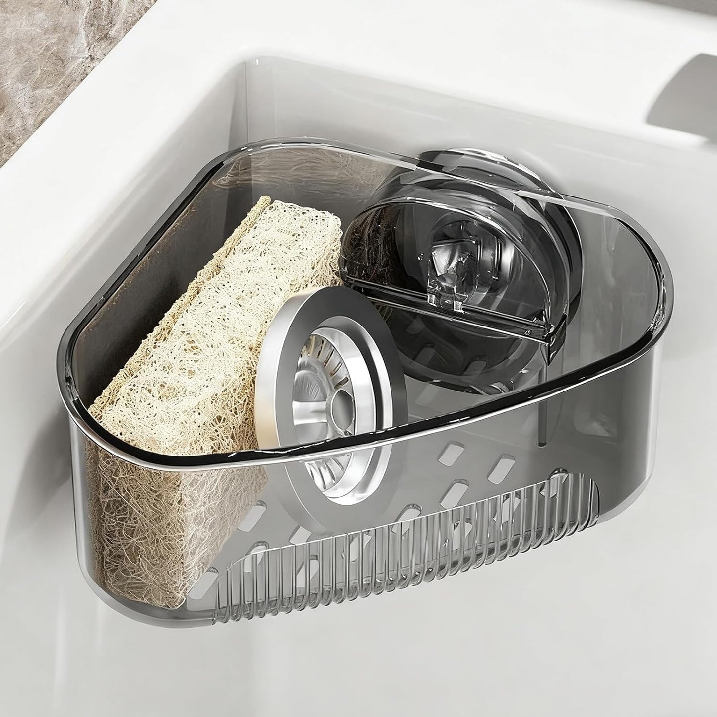 Sink Strainer Basket, Triangle Suction Cup Sink Corner Rack, New Upgraded Corner Sink Strainer with Drainage Hole, Punch-Free Corner Sink Trash Catcher for Kitchen and Bathroom (Black)