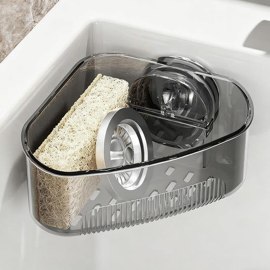 Sink Strainer Basket, Triangle Suction Cup Sink Corner Rack, New Upgraded Corner Sink Strainer with Drainage Hole, Punch-Free Corner Sink Trash Catcher for Kitchen and Bathroom (Black)