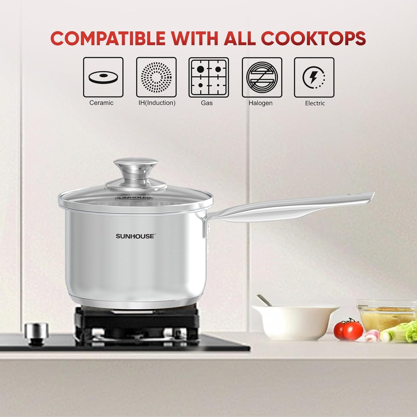 Sunhouse – 1.5 Quarts Stainless Steel Sauce Pan with Lid - PFOA-FREE, Stainless Steel Sauce Pan, Induction base, Stay-Cool Handle, Compatible with All Cooktops Gas, Geramic, Electric etc.