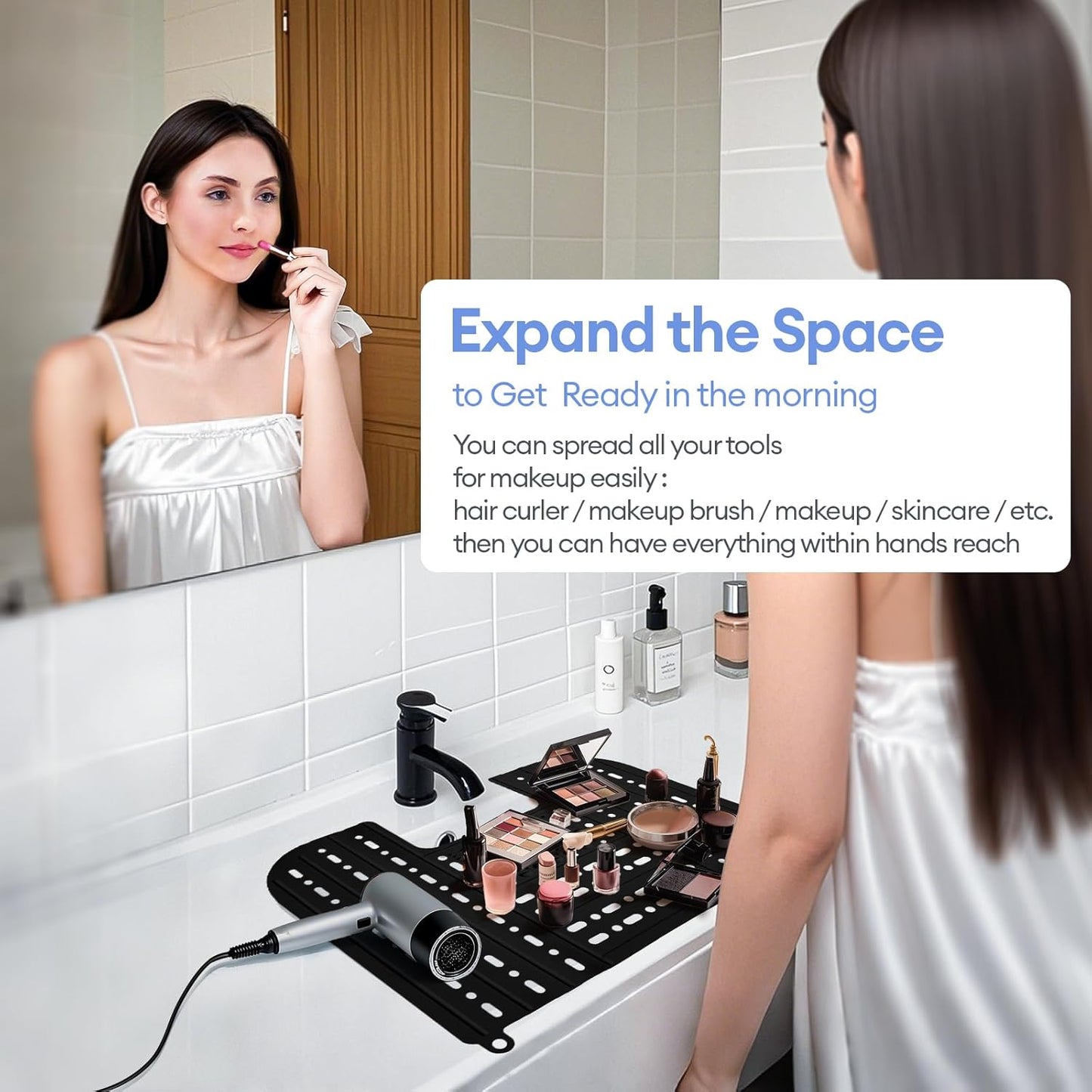 IeBilif Sink Cover for Counter Space, Foldable Bathroom Sink Covers, Makeup Organizer Mat Space Saver with Hanging Loop, Silicone Makeup Brush Cleaner Mat for Bathroom(Black)