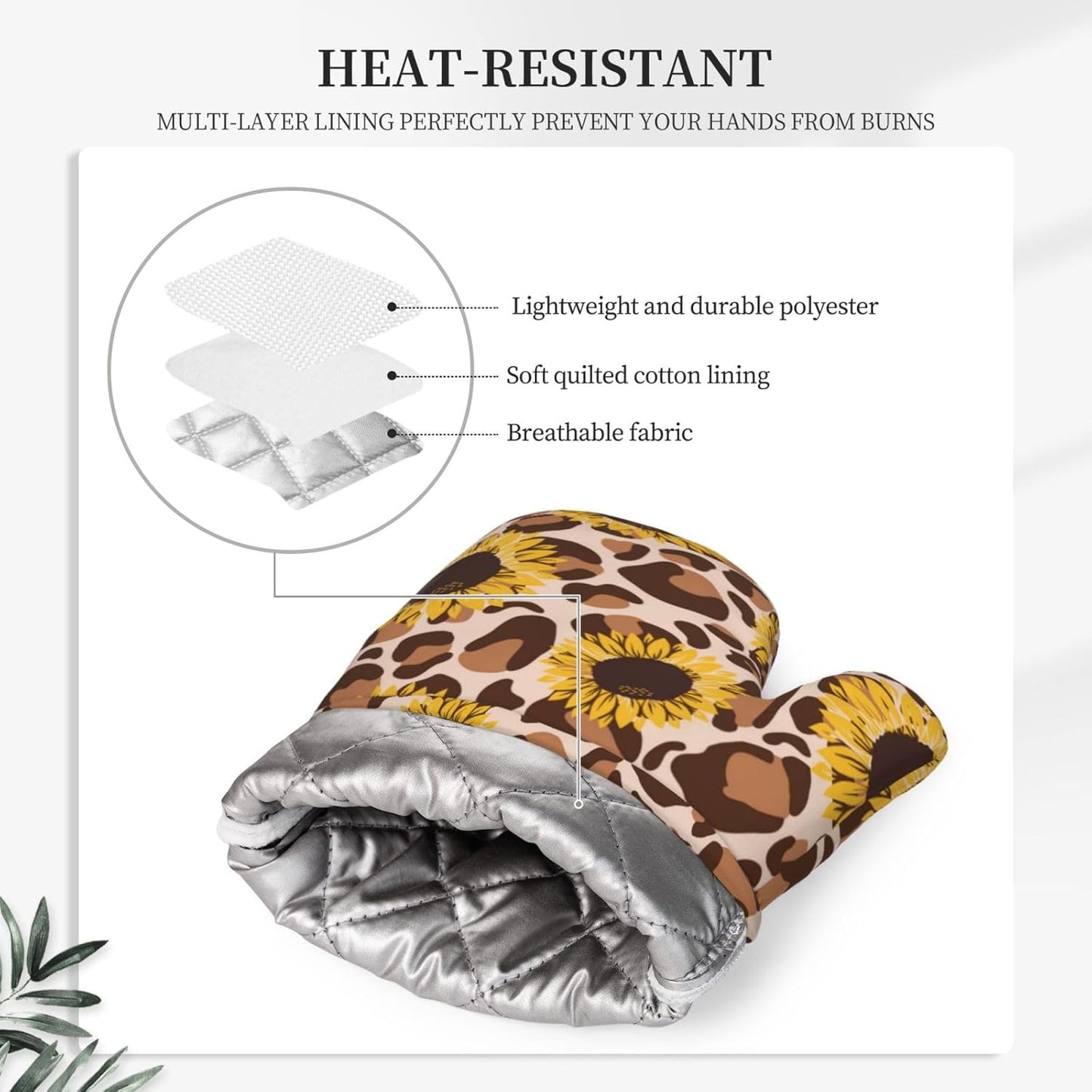 Sunflowers Leopard Print Oven Mitts and Pot Holders Set of 4 Silicone Kitchen Mitten Gloves and Non-Slip Sunflower Leopard Print Potholders Set Heat Resistant Oven Gloves Hot Holders for BBQ