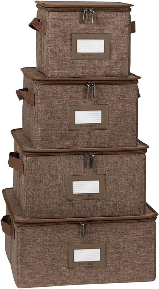 Covermates Keepsakes Dish Storage Box - Stackable, Reinforced Handles, China Storage, Brown Heather