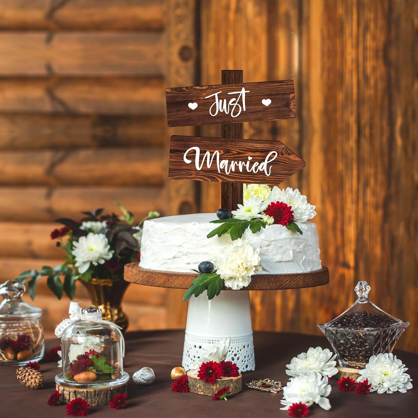 Rustic Just Married Wedding Cake Topper in Wood Wedding Cake Decoration