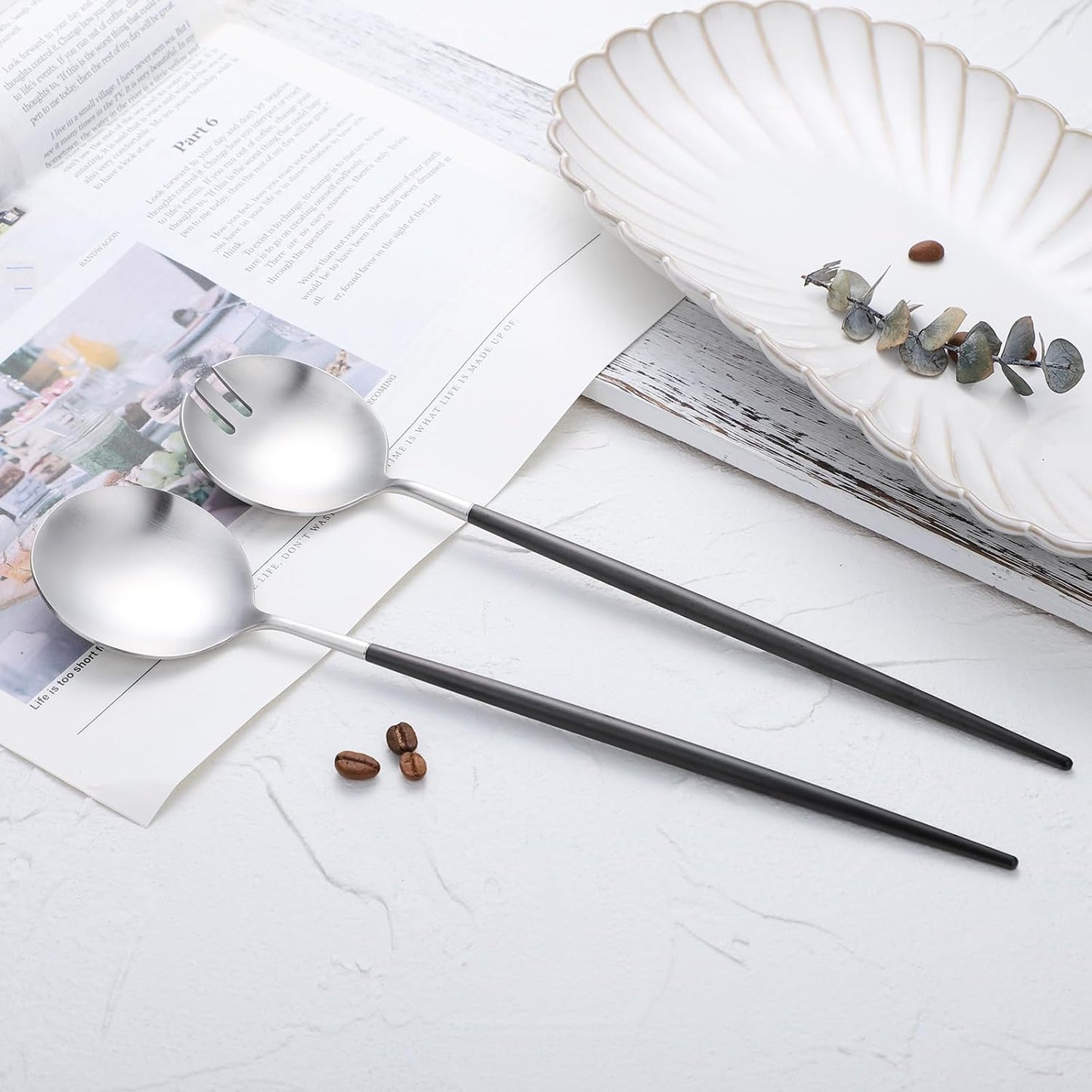 Salad Servers,Spoon and Fork Set 11.41 inch,18/10 Stainless Steel Salad Serving Titanium Plating (black silver)