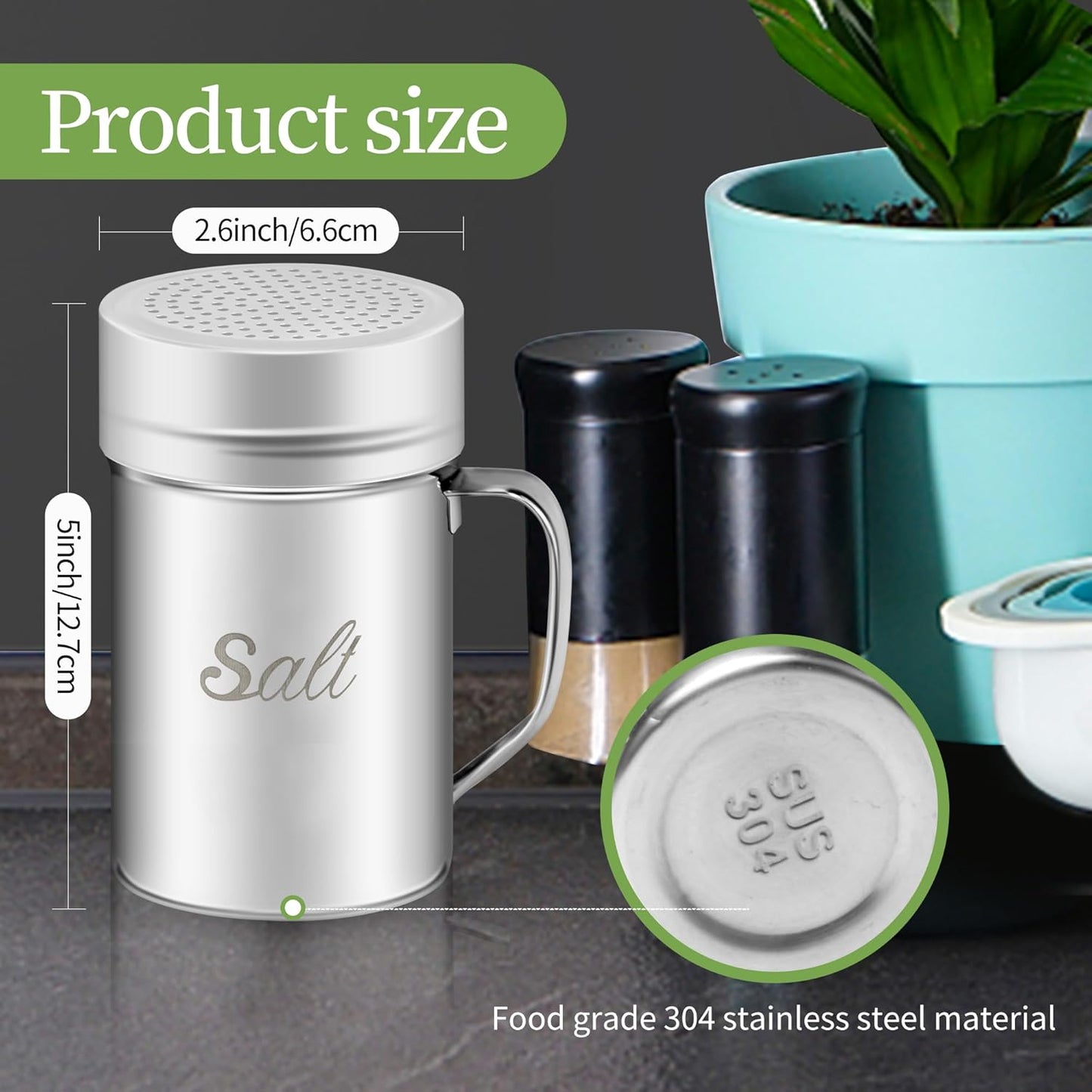 Stainless Steel Salt and Pepper Shakers Set, 14 OZ Seasoning Spice Shaker with Lid and Handle 127 Holes, Metal Dredge Shaker for Powder Sugar Cooking Kitchen Baking (2 Pieces)