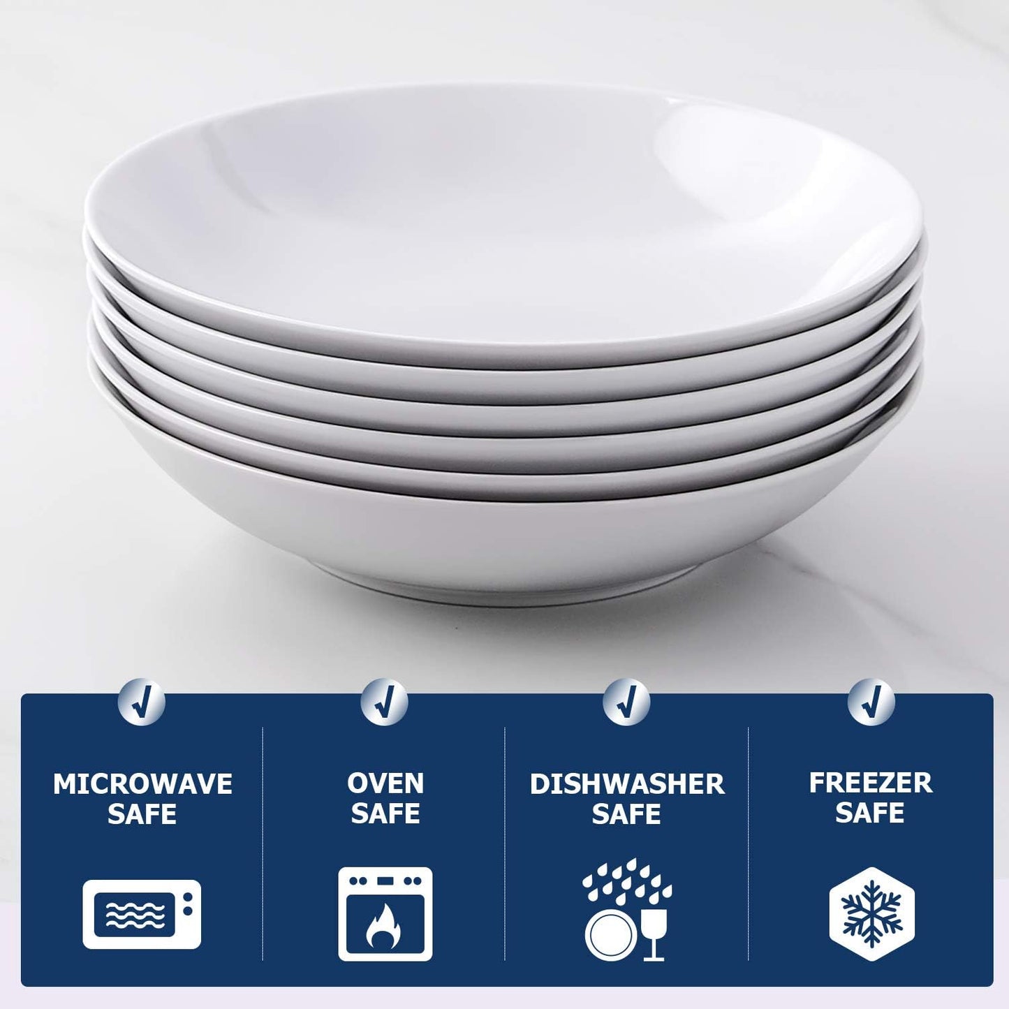 Y YHY 8" Pasta Bowls Set for 6, Porcelain 22oz Salad Bowls Set for Serving Soup, Pasta, Dinner, White Large Kitchen Bowl Plates, Microwave Dishwasher Safe