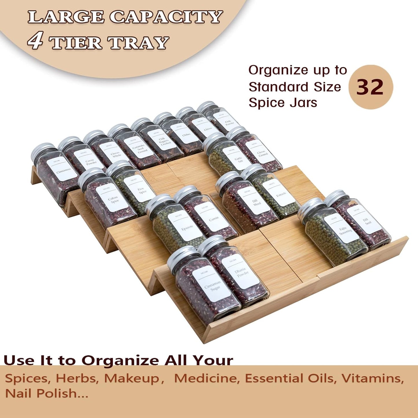 Bamboo Spice Rack Drawer Organizer - 8 Pieces Set- 7" Wide Per Piece - Combine Pieces Into 14" Wide Rack (7" or 14")