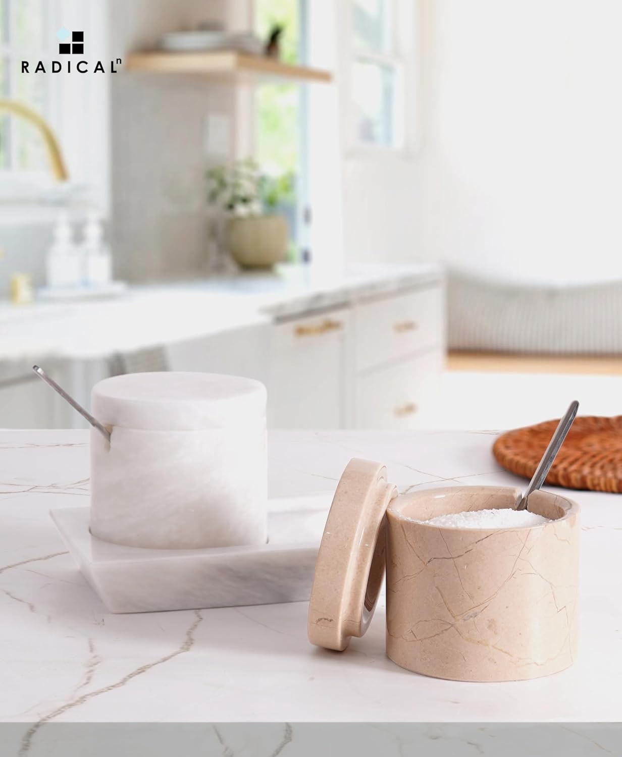 Radicaln Marble Salt Cellar With Lid and Tray 3" Inch White and Verona Set of 2 Salt Bowl & Spice Storage Container for Kitchen countertop, Ideal Sugar Bowl