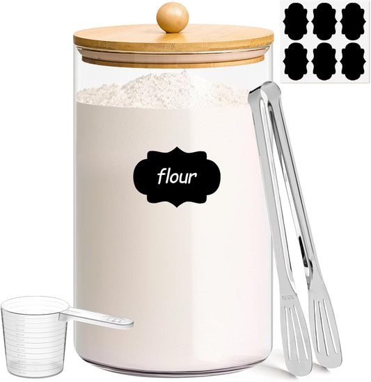 ComSaf 1 Gallon Glass Jar, 128 oz Flour Container, Large Glass Canister with Lid, Food Storage Pantry with Spoon and Clip for Sugar, Oat, Rice, Beans, Pasta, Coffee, Grain