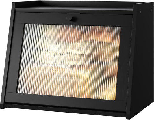 Large Bread Box for Kitchen Counter, Black Bamboo Bread Storage Container with Wavy Arcylic Transparent Door, Bamboo Wooden Farmhouse Bread Box for Your House