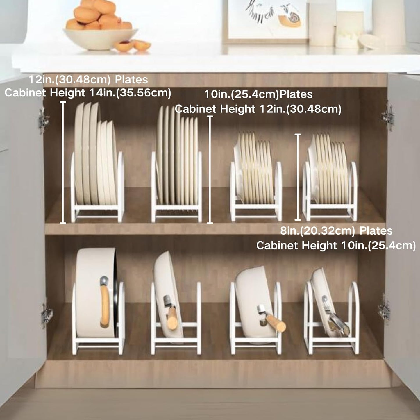 4 Pack Kitchen Plate Holder Organizer for Cabinet Space Saver Dinner Dish Storage Rack Upright Dish Drying Racks Metal Plate Dish Racks Stand for Cupboard and Countertop 2 Large 2 Small White