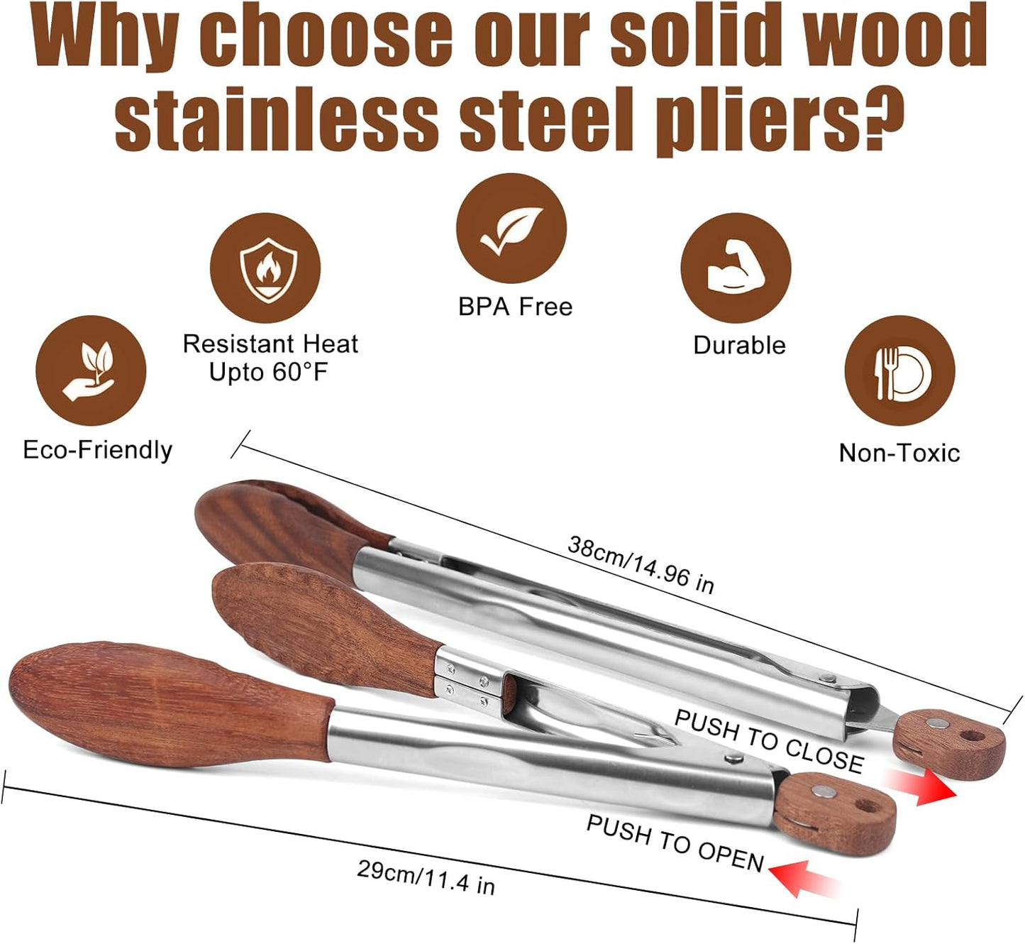 2-pcsTongs for Cooking with Wooden Tips - Nonstick Cooking Tongs & Salad Tongs for Blooming Food，Cooking, BBQ and Tossing Salad - Made of Natural Walnut Wood，Long Style15inch Short Style 11.4inch