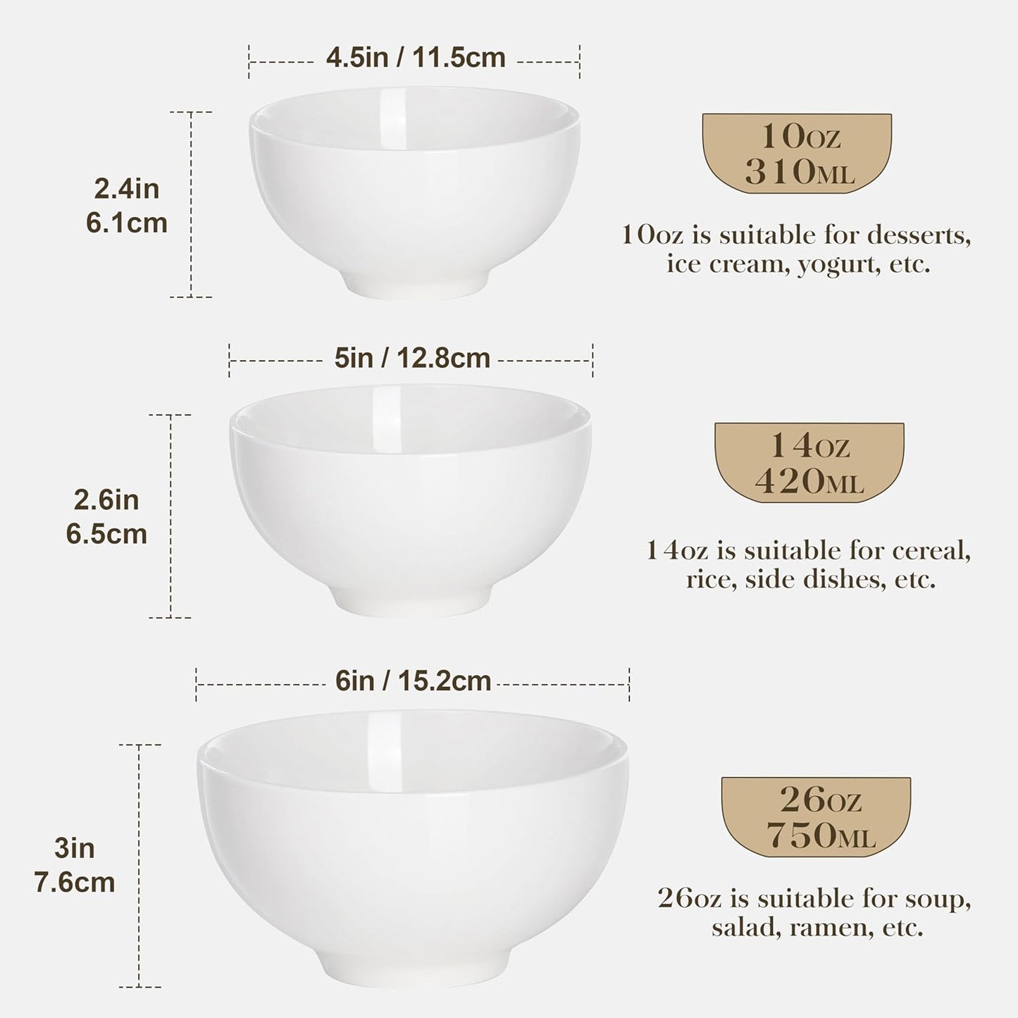 MALACASA Small White Bowls Set of 8, 10 Oz Ice Cream Bowls - Little Ceramic Bowls for Bouillon,Side Dishes, Dessert, Oatmeal, Fruit, Portion Control - Dishwasher & Microwave Safe.