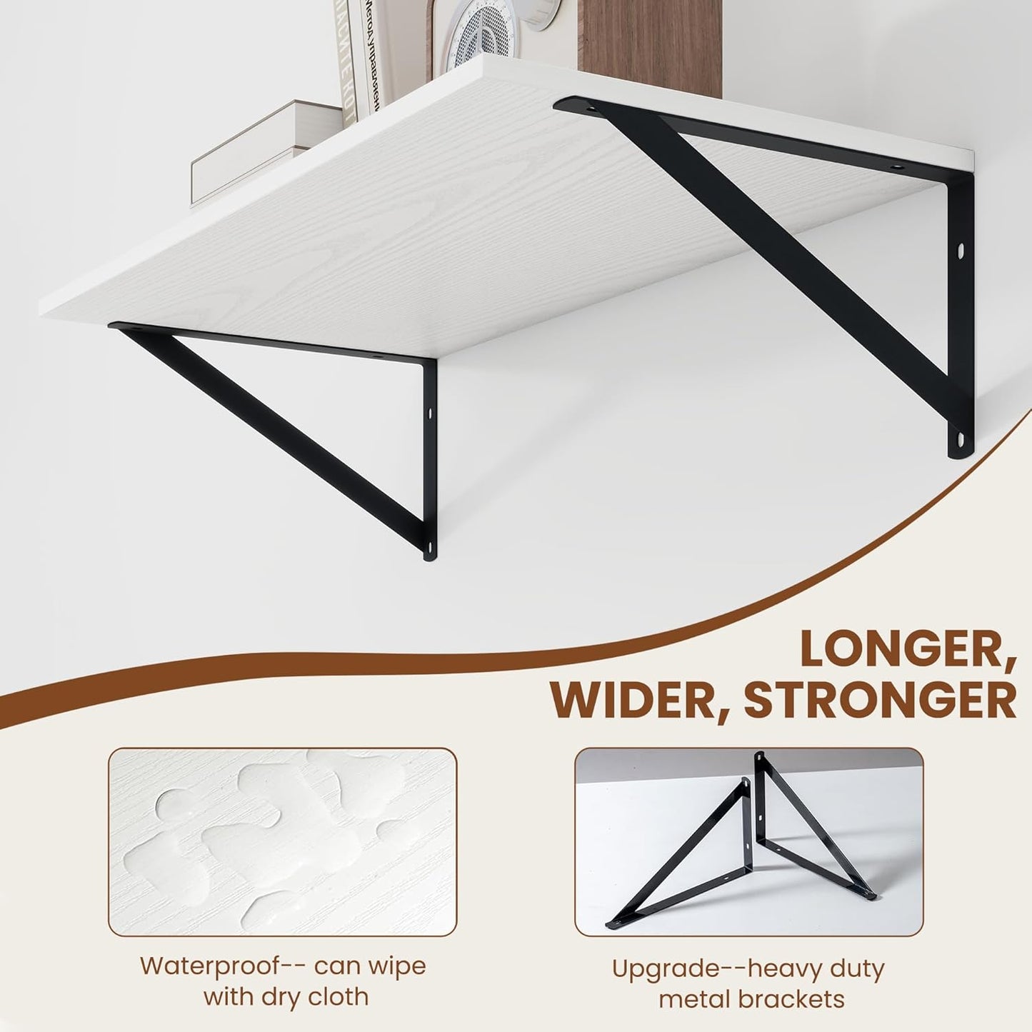 Heimlove White Deep Floating Shelves for Wall, 24W x 12D Wood Wall Shelves Set of 2, Wide Floating Bookshelf for Living Room, Kitchen, Office, Bedroom and Decor Storage, with Black Bracket - White