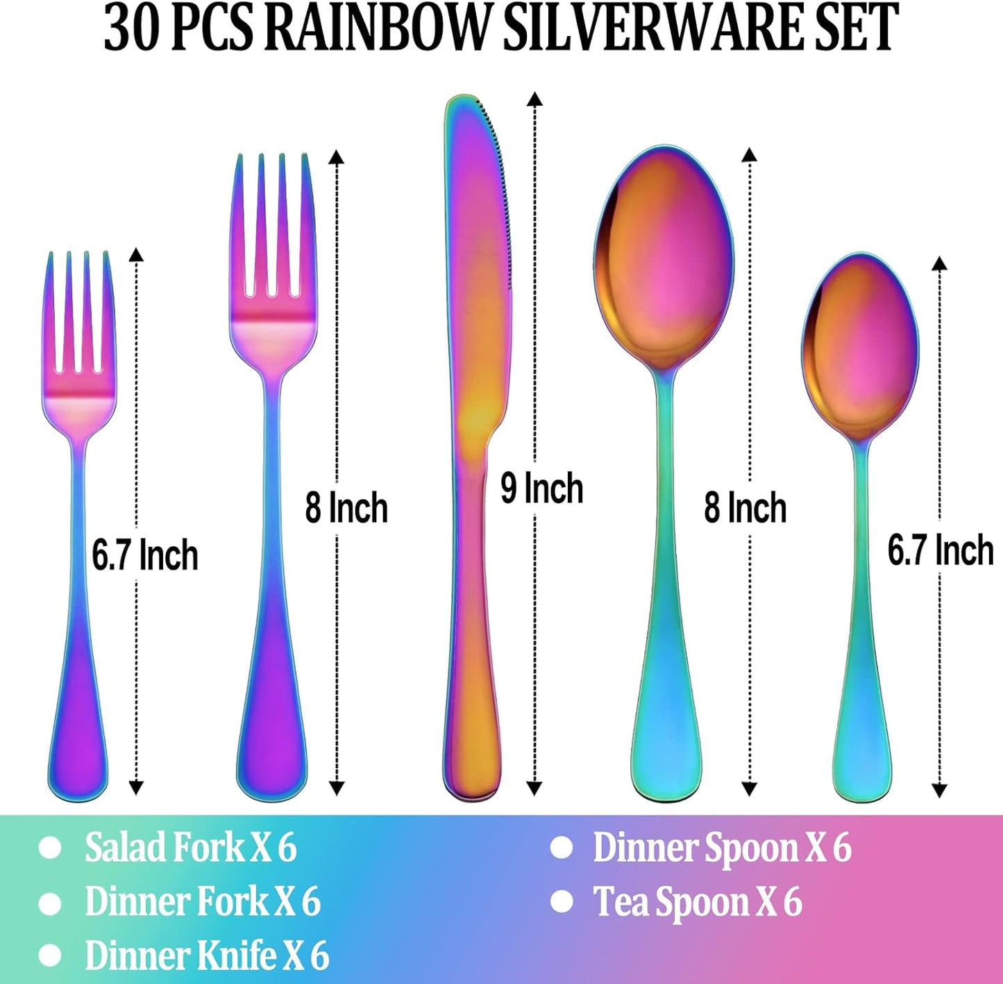 30 Pcs Rainbow Silverware Set Service for 6,Stainless Steel Flatware Serving Sets,Kitchen Tableware Set,Utensil Set for Home and Restaurant,Knives Forks Spoons Set,Mirror Polished,Dishwasher Safe
