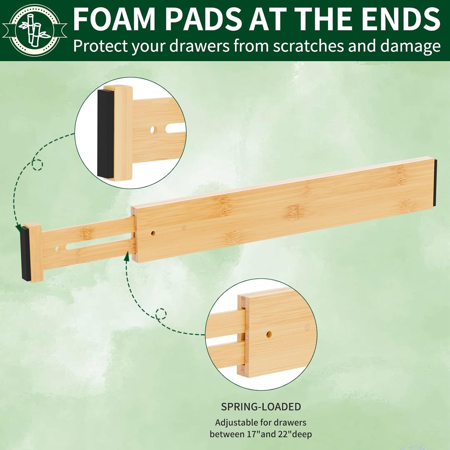 6 Pack Bamboo Drawer Dividers 2.6" High,17-22" Adjustable Spring Loaded Drawer Organizers for Kitchen, Dresser, Bathroom, Bedroom and Office