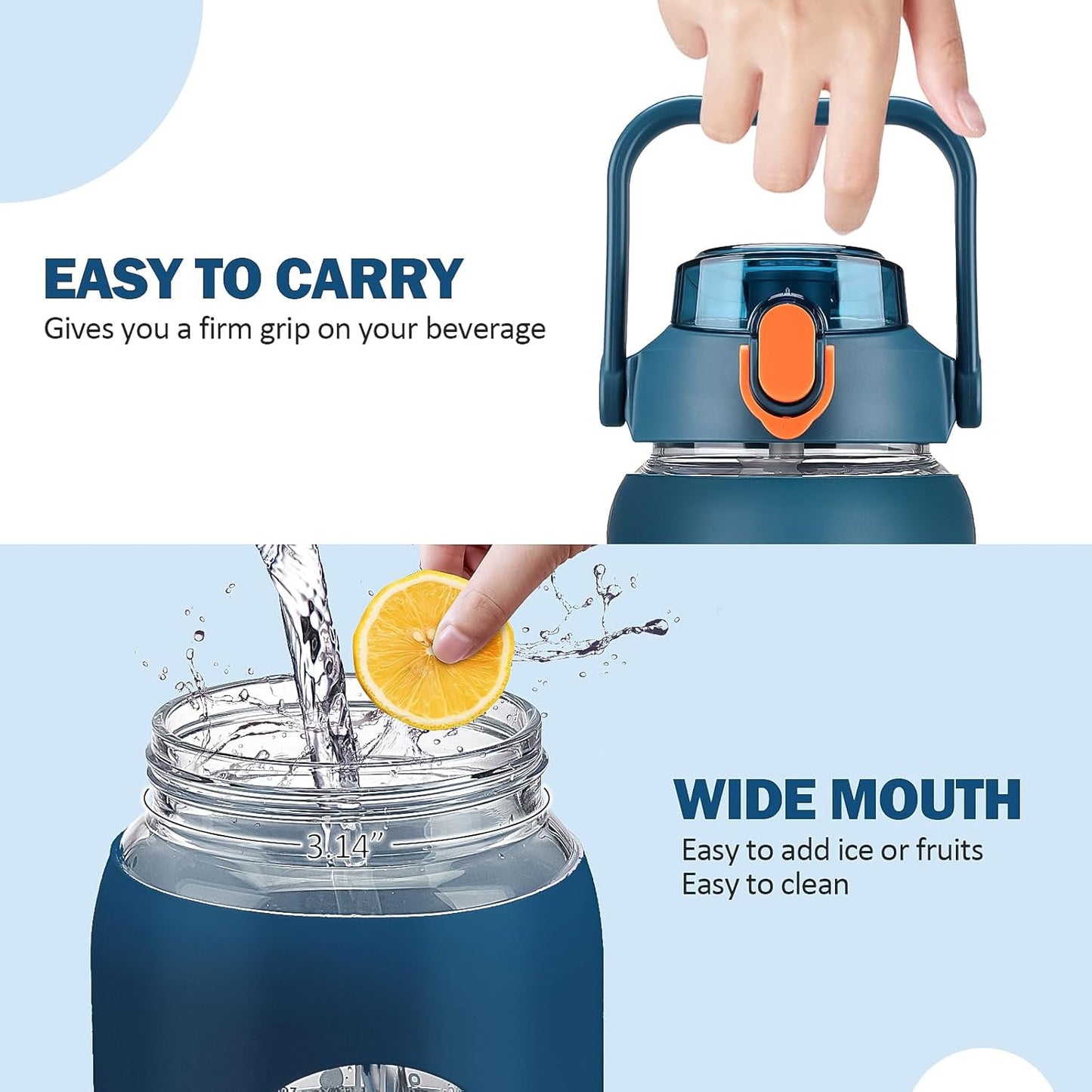 kytffu 42oz Glass Water Bottles with Straw, Motivational Glass Bottle with Silicone Sleeve and Time Marker, Leakproof Large Glass Water Jug for Gym Home Office,Blue