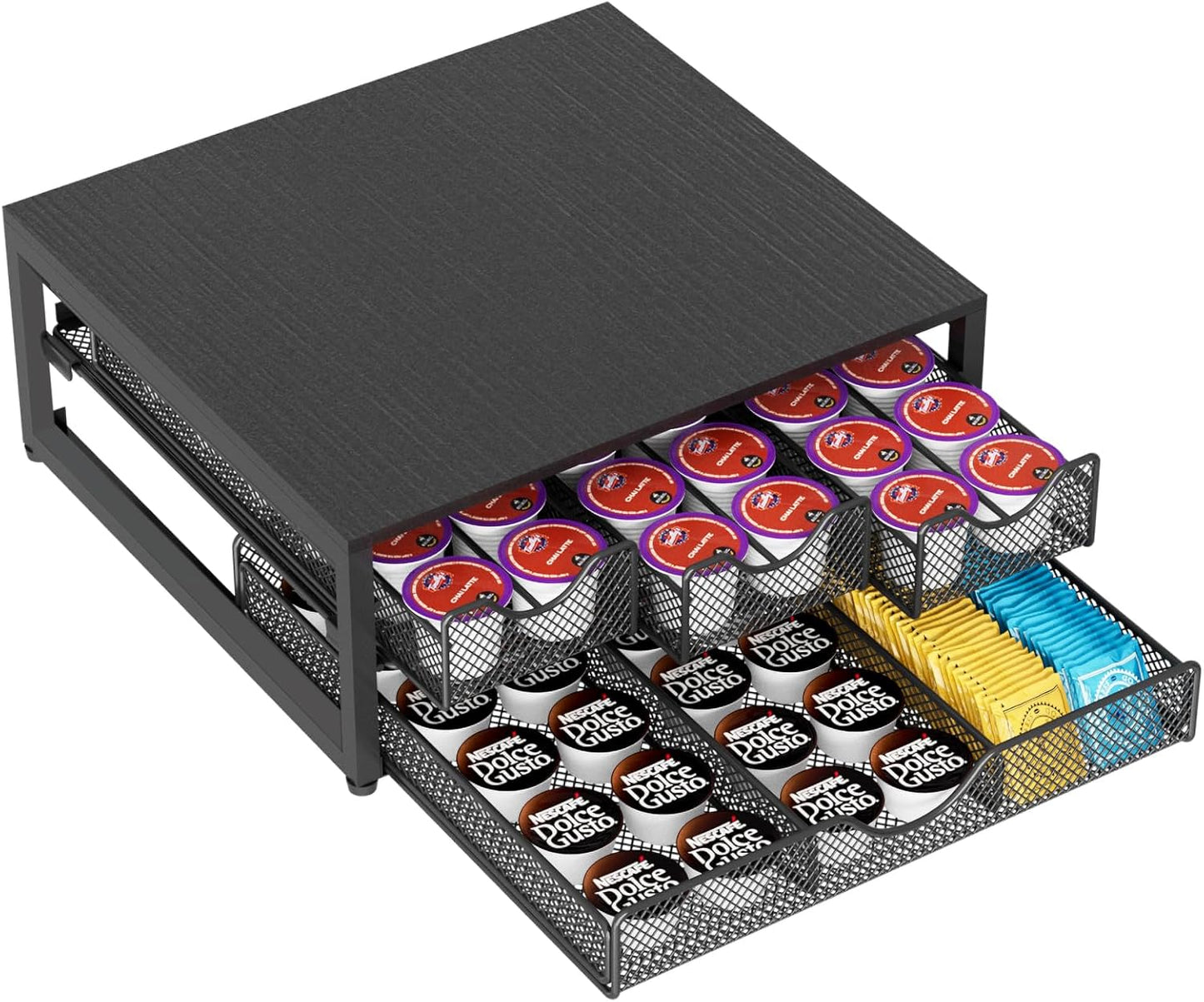 Coffee Pod Holder For Counter, 3 Pull-Out 72 K-Cup Holder Drawer, Wooden Cafe Pods Storage Organizer with Sliding Drawers for Coffee Station, Home, Kitchen, Office, Dorm, Black