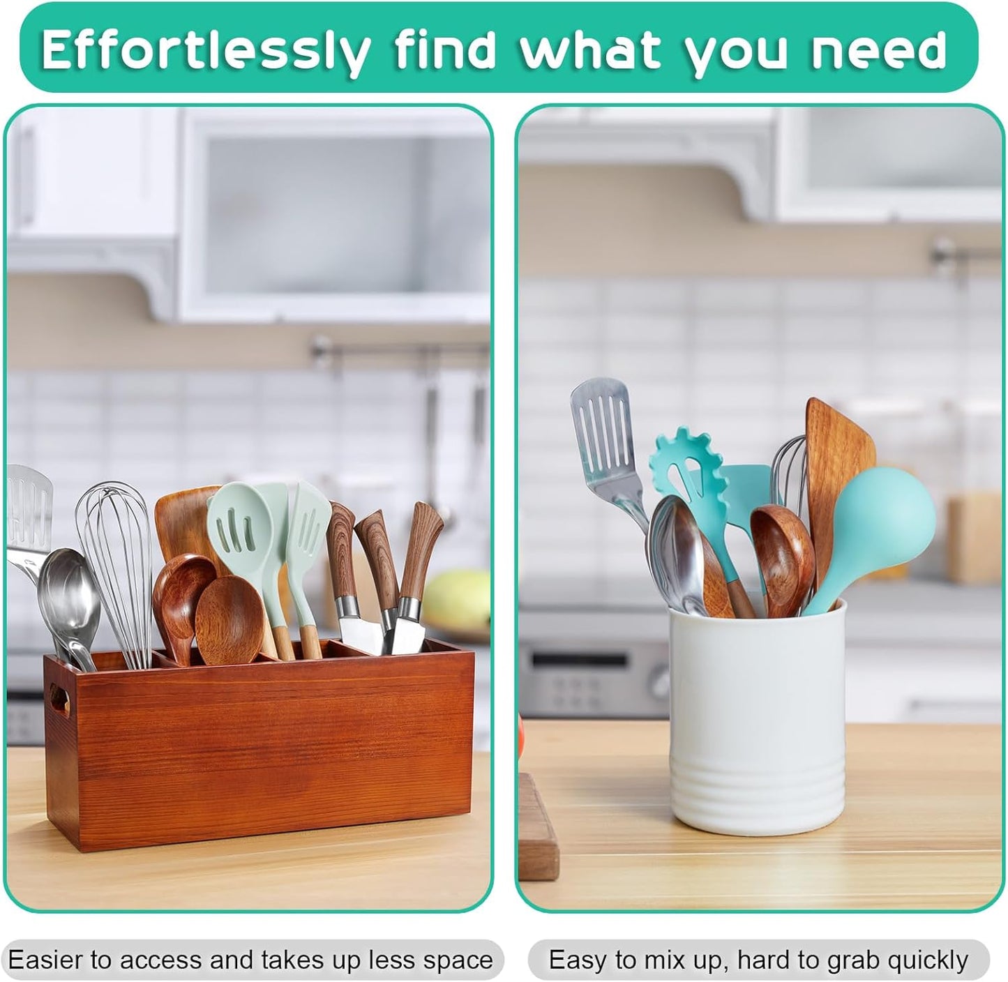 ALELION Large Utensil Holder with Removable Divider - 4 Compartment Wooden Utensil Caddy Organizer for Kitchen Counter - Brown Cooking Utensil Crock for Countertop