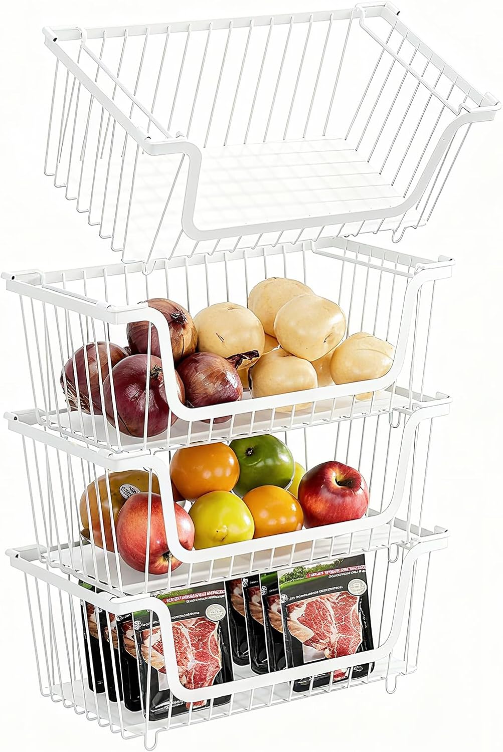 4 Pcs Stackable Wire Baskets for Pantry Organizers and Storage,Vegetable Fruit Basket for Countertop,Kitchen Storage Metal Baskets,Produce Potato Onion Storage Bin,White