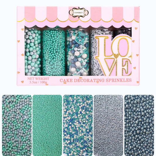Confect Edible Sprinkles | Navy Blue & Teal Dragees, Green & White Jimmies, Bright Blue Sparkling Sugar | Baking Toppings & Decorations | Sprinkle for Cake & Cupcake Decorating – Vegan, Gluten-Free, Nut-Free, Soy-Free, Dairy-Free, Palm Oil-Free-5 Oz