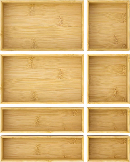 Bathroom Drawer Organizer Trays, Bamboo Silverware Drawer Organizer Kitchen Utensils, 8 PCS Wood Box Stackable Bins for Makeup, Office Desk, Vanity, Junk Drawer