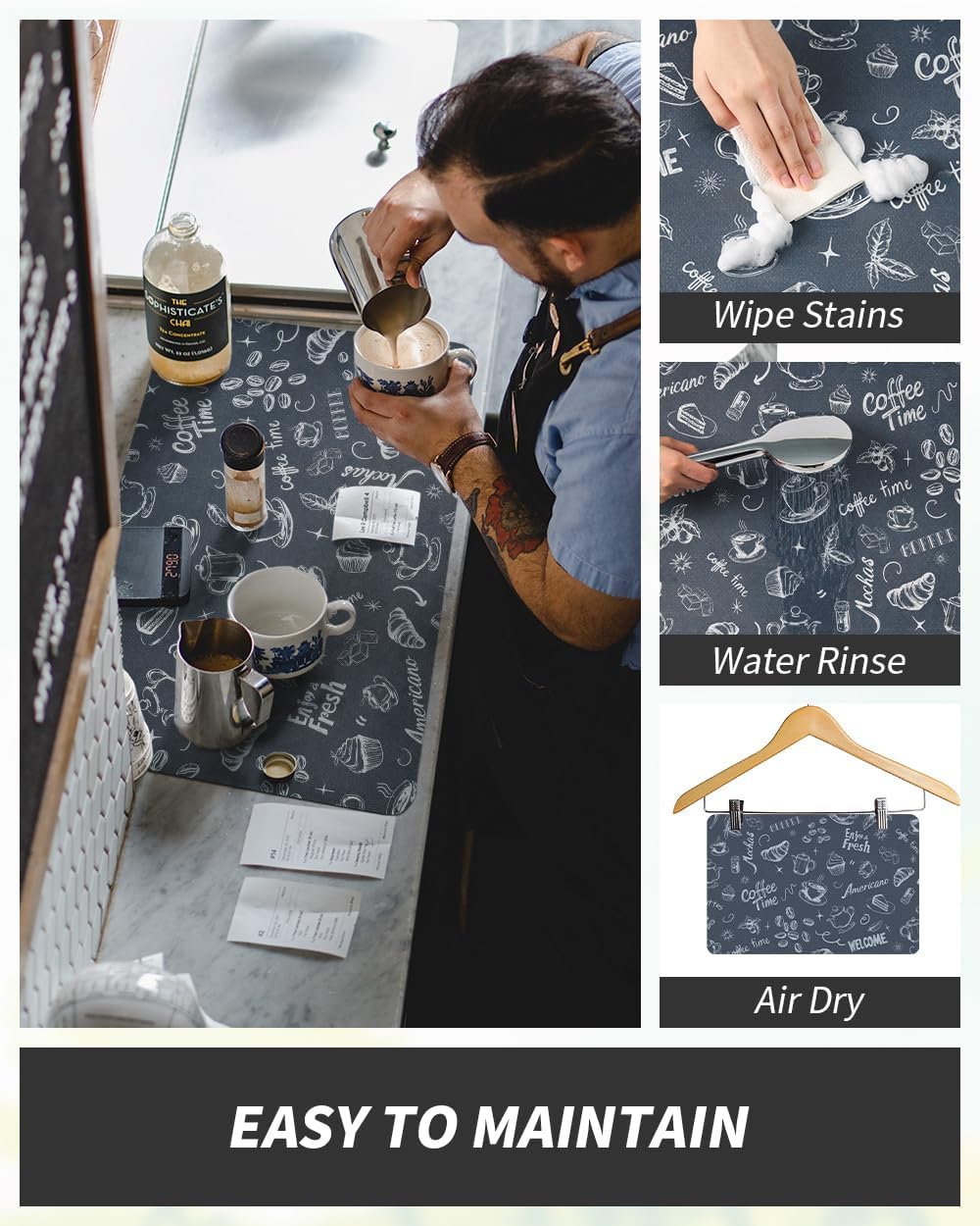 AMOAMI Coffee Mat - Hide Stain, Rubber Backed, Absorbent Dish Drying Mat for Kitchen Counter - Fits Under Coffee Maker & Machine - 16X24, Dust Blue