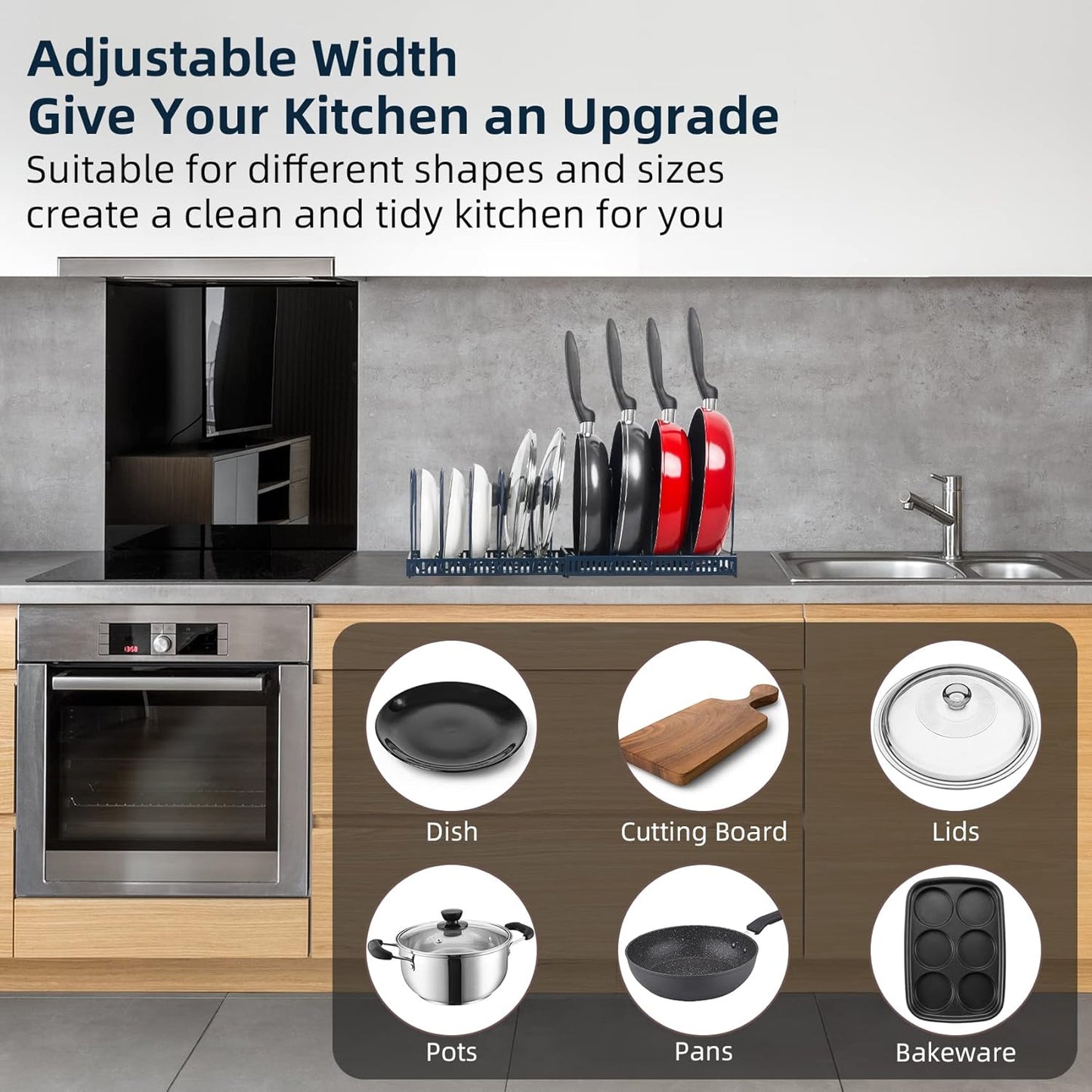 ROOHUA Expandable Pot and Pan Organizer - Cabinet Pot Lid Holder with 10 Adjustable Compartments for Cookware, Baking, Frying (Dark Blue, 10)