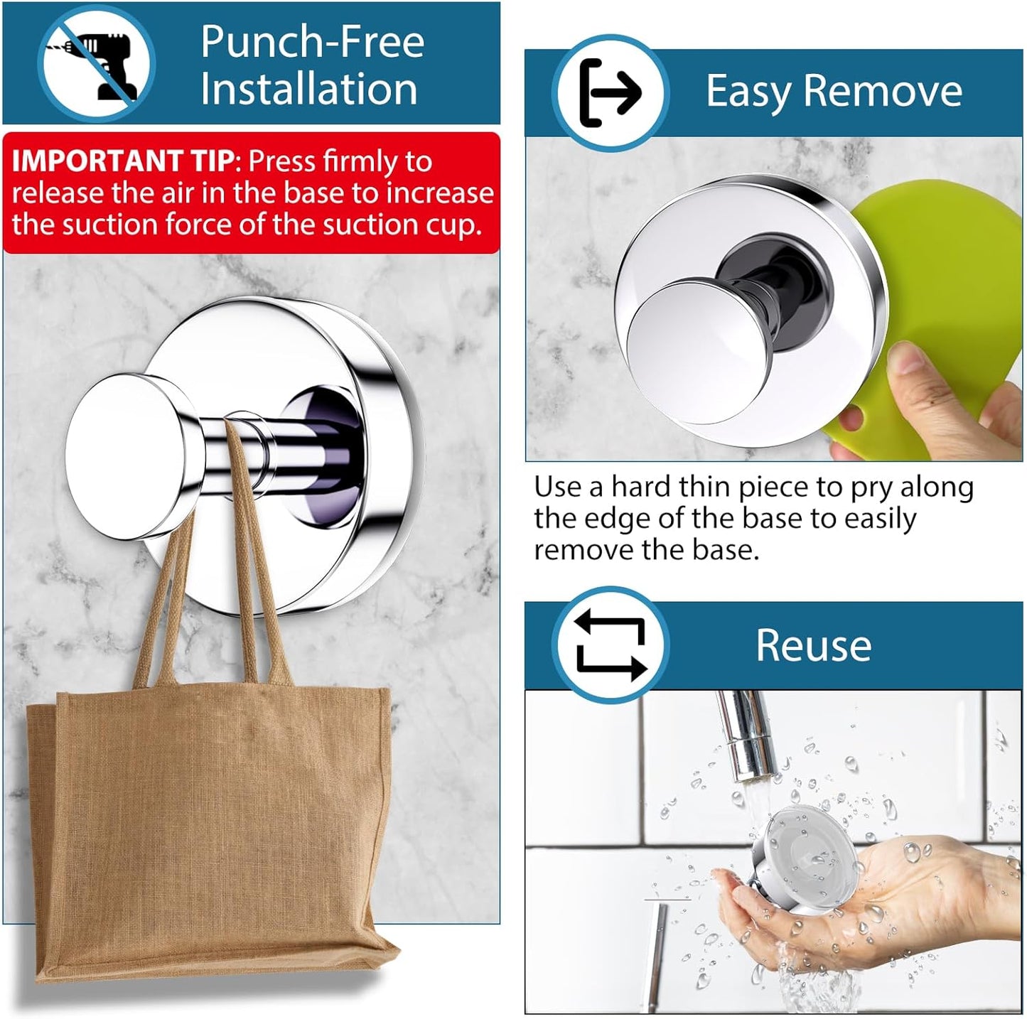 Suction Cup Hooks for Shower, Bathrooms Wall, Glass Door, Mirror, Kitchen–Towel, Robes, Coat, Hanging up to 15 lbs No-Drill Suction Hooks–Waterproof & Rustproof (Chrome, 2 PCS)