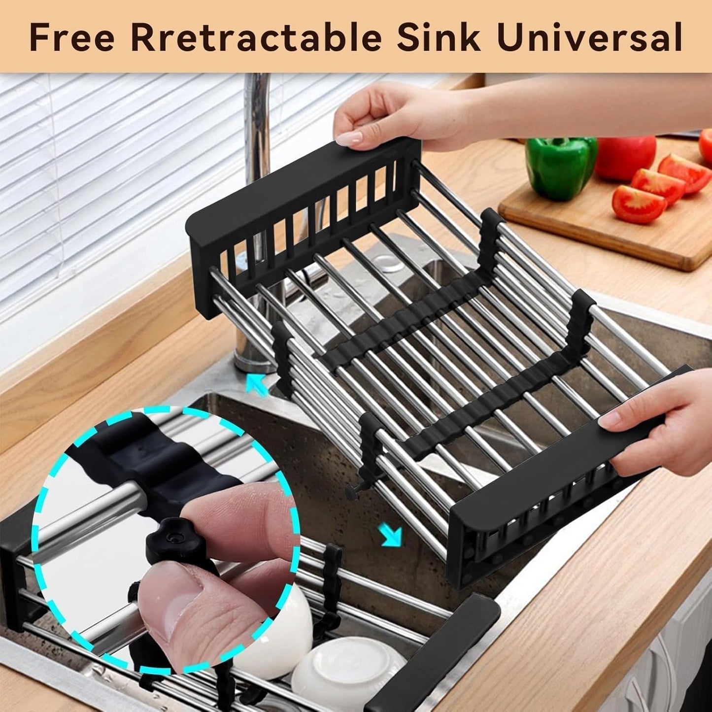 Cyrank Over The Sink Dish Drying Rack, Expandable Over Sink Grill Telescopic Drain Basket Kitchen Rack Drain Basket Sink Drying Rack(L#Black)